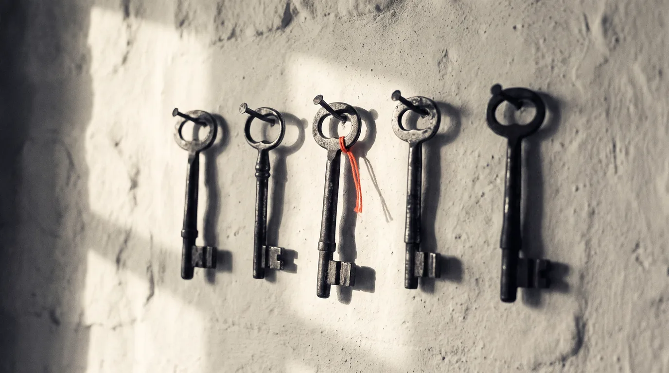 Five old keys hanging on a whitewashed wall, the chosen one marked with an orange thread.