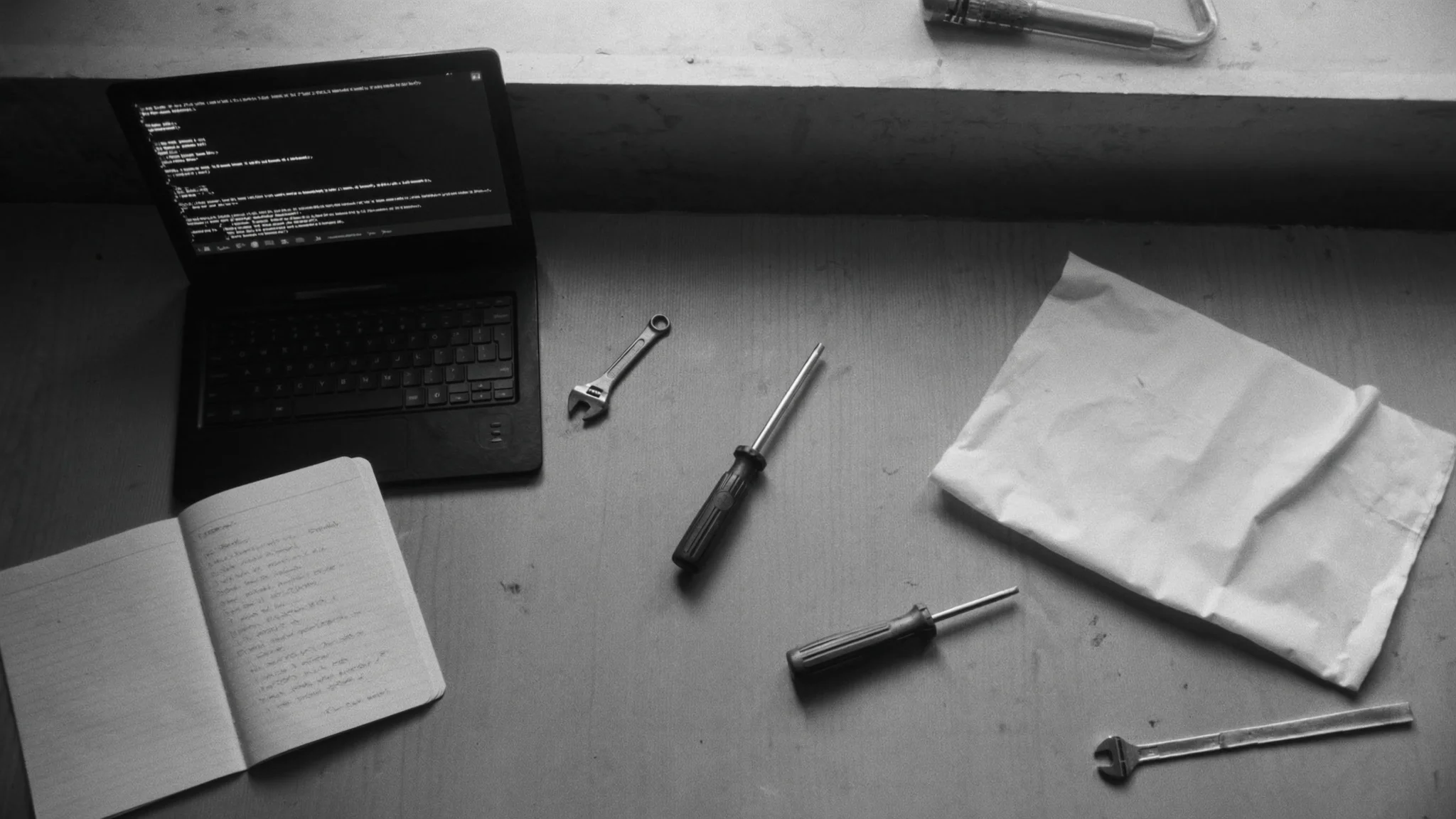 Mesa de trabajo con herramientas mecánicas reales junto a un portátil abierto en blanco y negro.