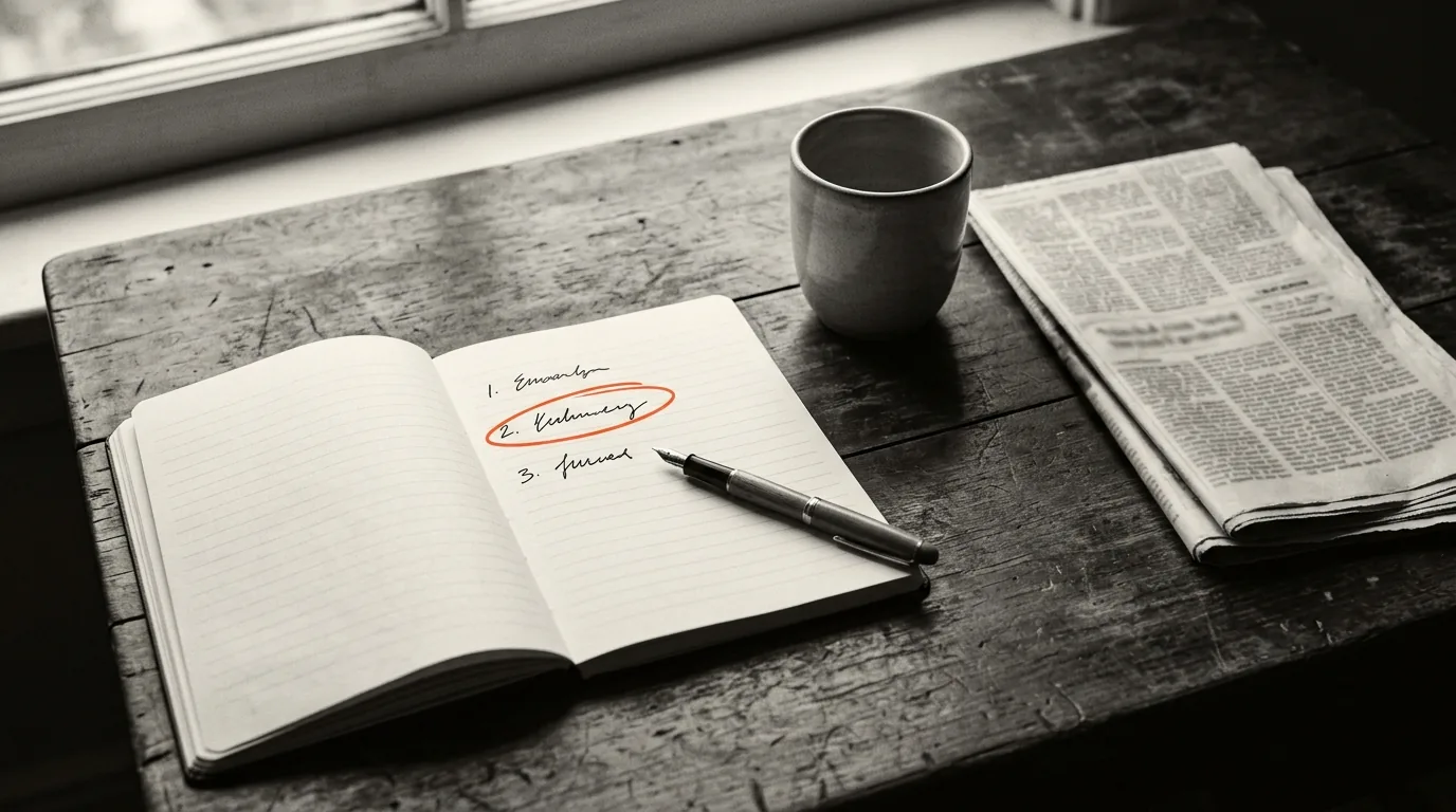 Cuaderno abierto sobre una mesa de madera con una lista de tres nombres escritos a mano y el segundo rodeado en naranja.