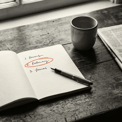 Cuaderno abierto sobre una mesa de madera con una lista de tres nombres escritos a mano y el segundo rodeado en naranja.