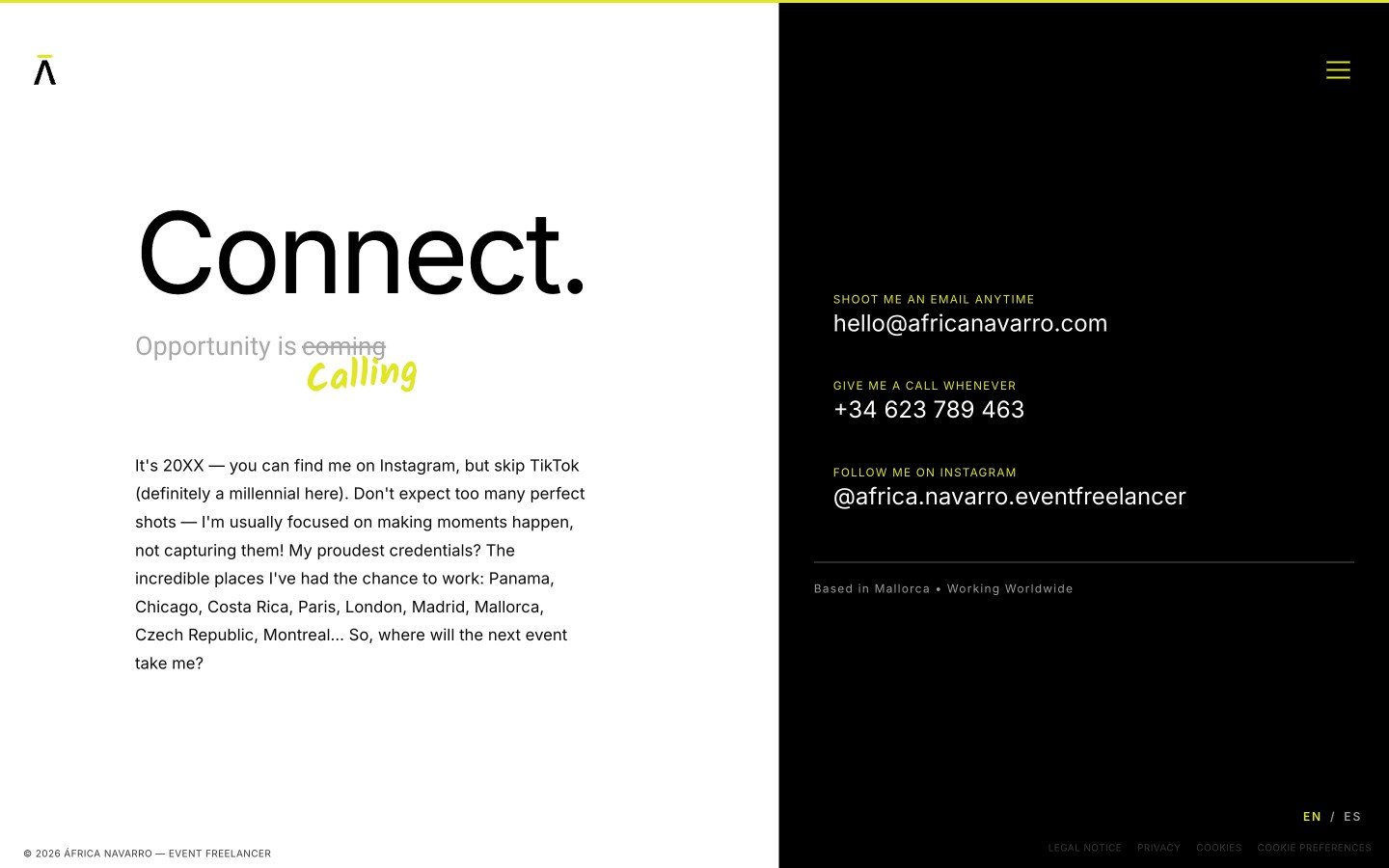 Sección Connect con cierre y datos de contacto