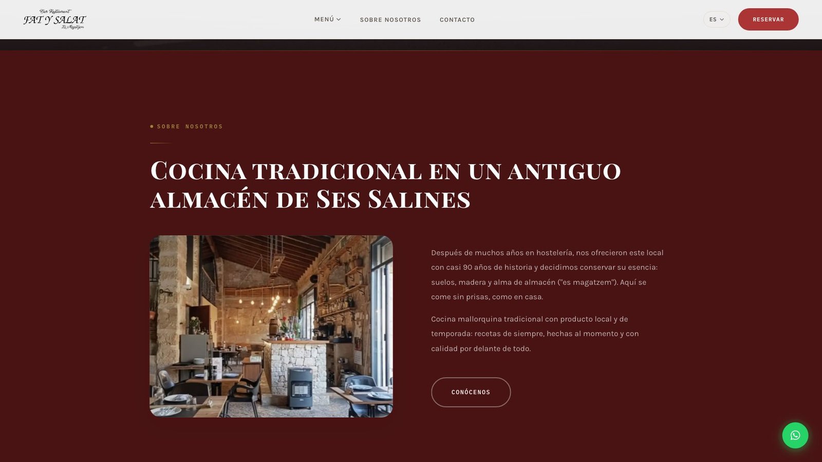 Sección 'Cocina tradicional en un antiguo almacén de Ses Salines' con foto del interior del restaurante