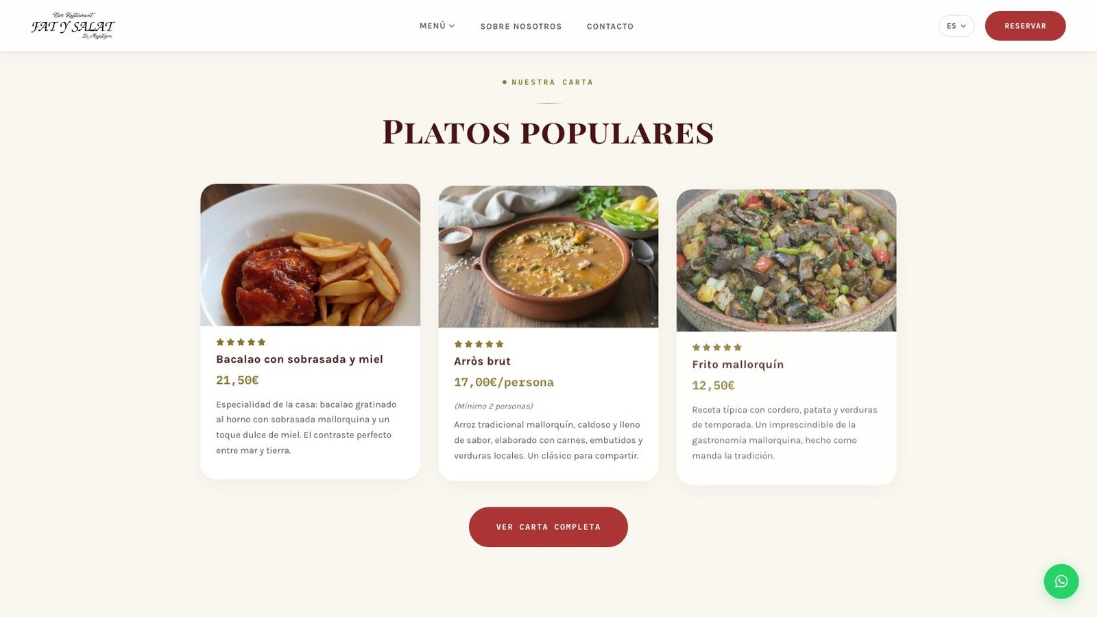 Platos populares con bacalao, arròs brut y frito mallorquín con foto profesional y precio