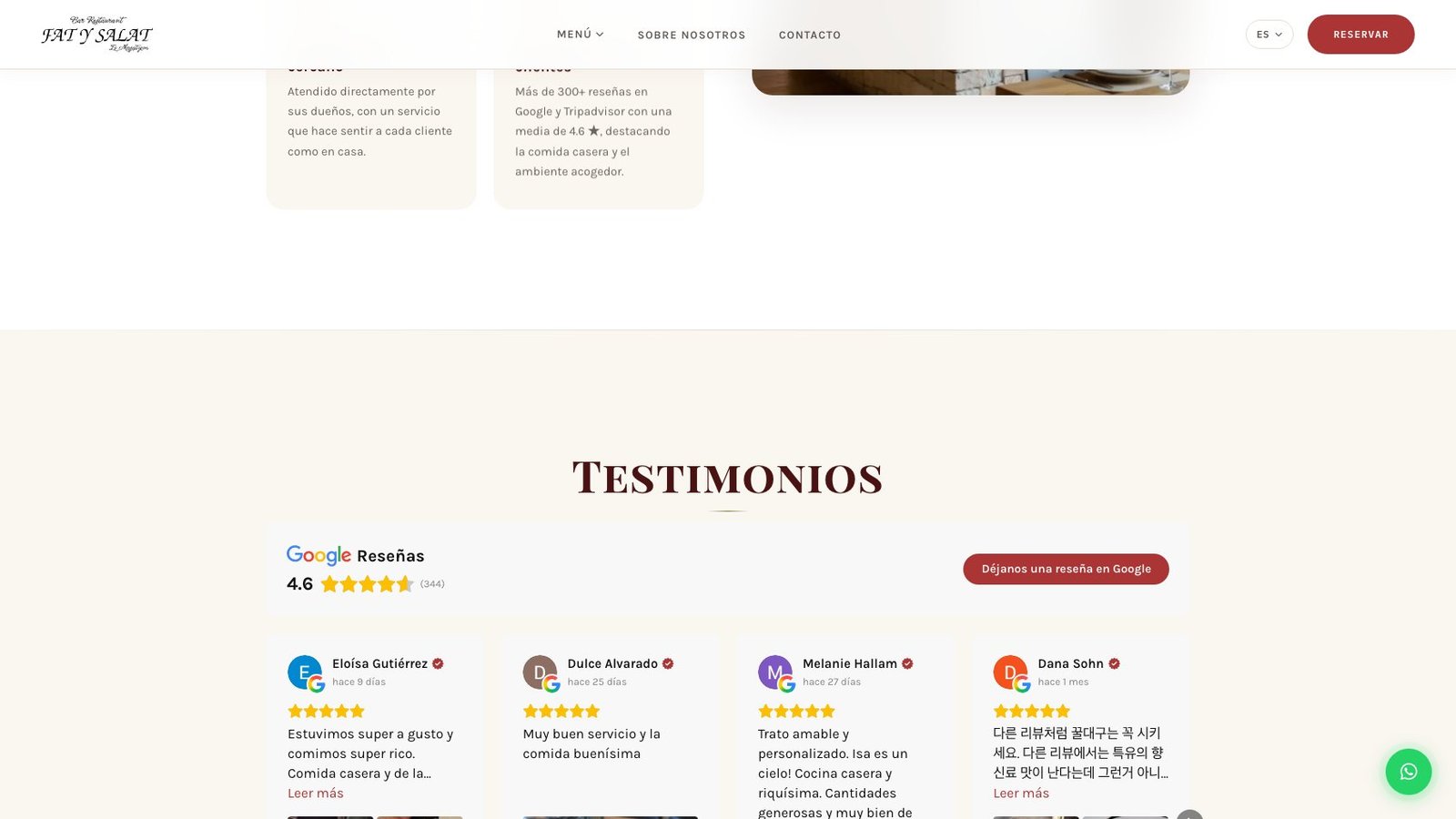 Testimonios reales de Google y Tripadvisor con fotos de comida y media de 4,6 estrellas sobre 344 reseñas