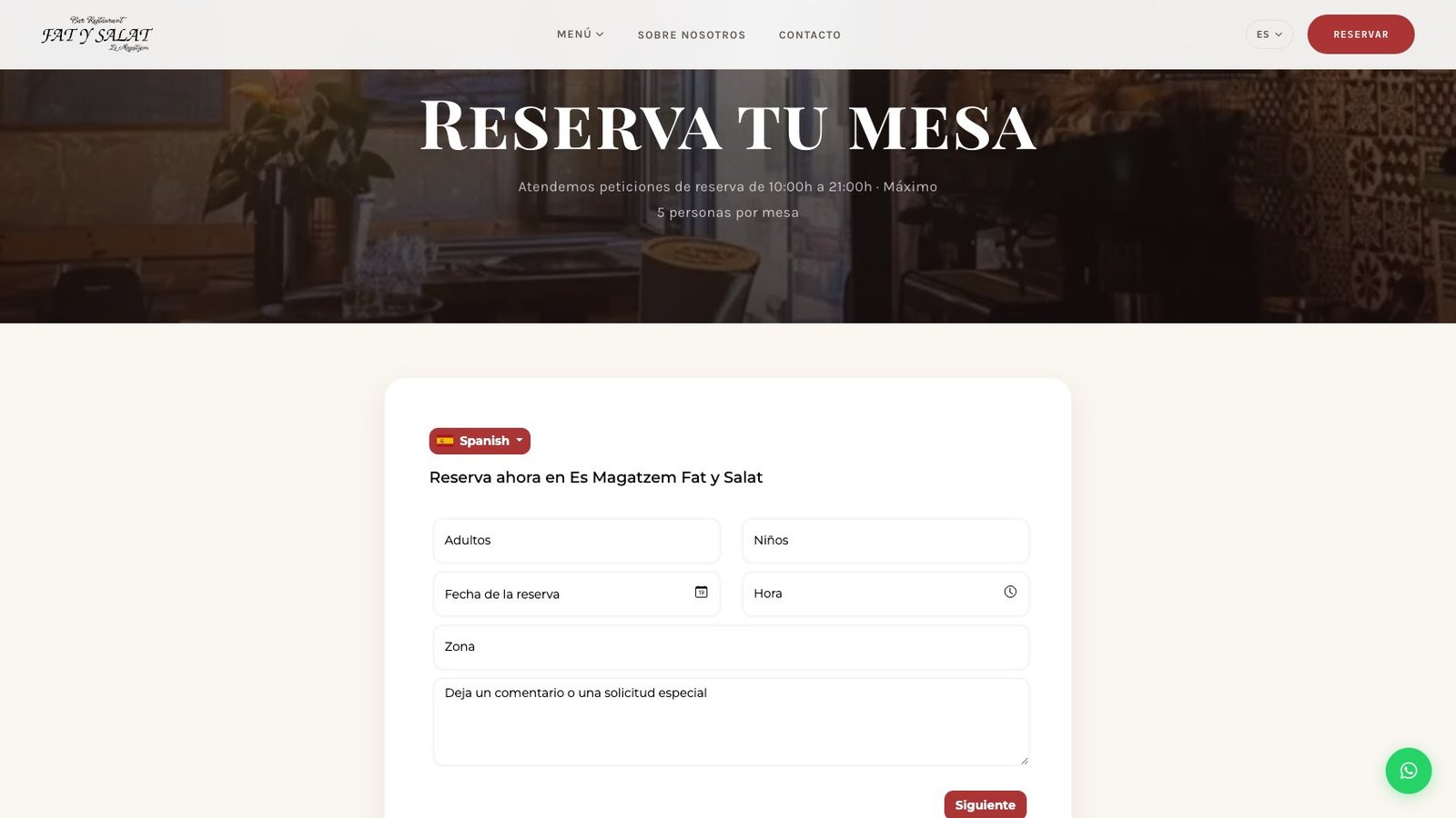 Formulario de reserva integrado con campos para adultos, niños, fecha, hora y zona del restaurante