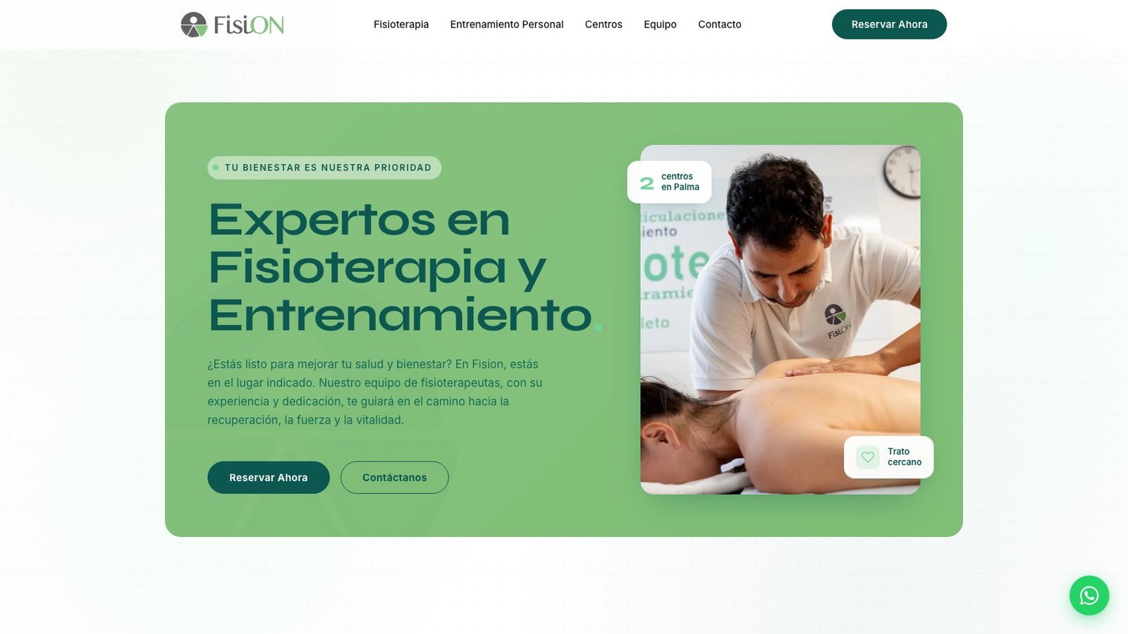 Home de FisiON Mallorca con titular 'Expertos en Fisioterapia y Entrenamiento' y CTA de reserva visible