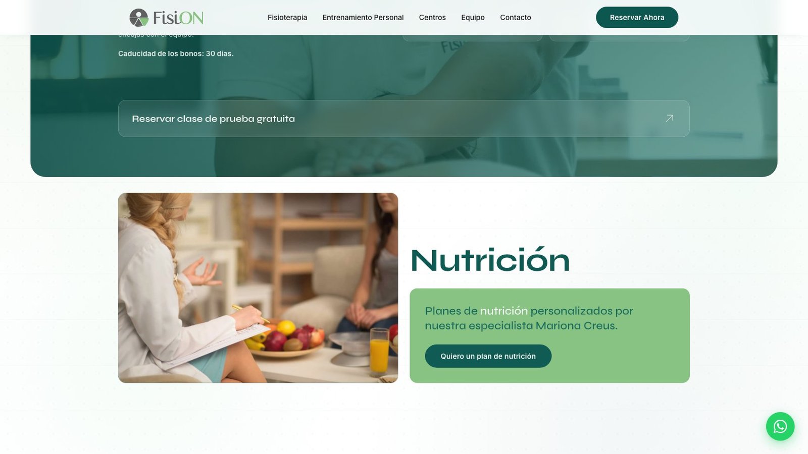 Sección de Nutrición con foto de consulta y CTA 'Quiero un plan de nutrición'
