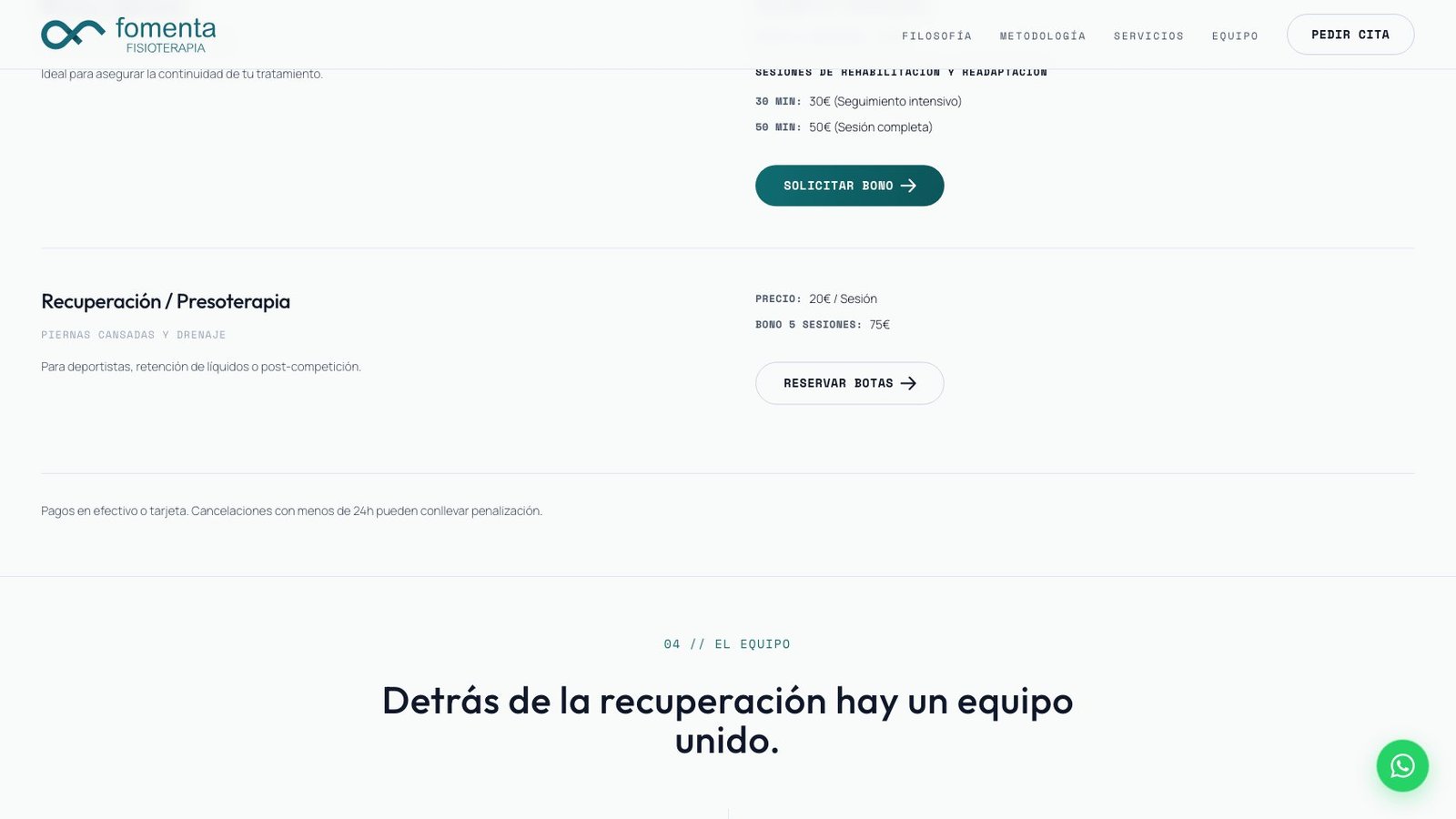 Sección de servicios con precios y bonos visibles para sesiones de fisioterapia