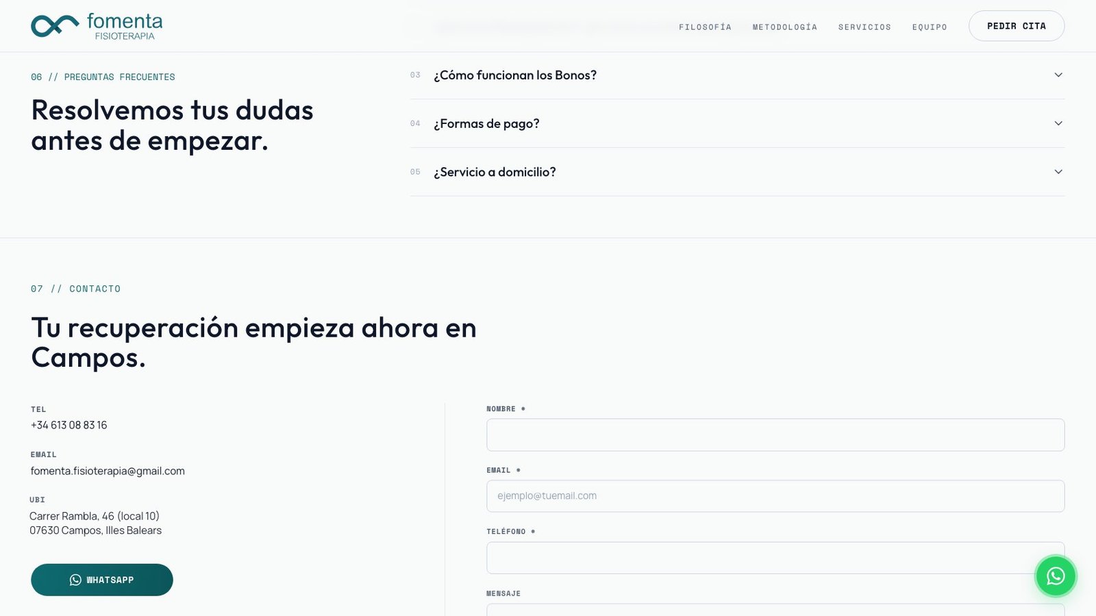Sección de contacto con FAQ de bonos, formas de pago y contacto por WhatsApp en Campos