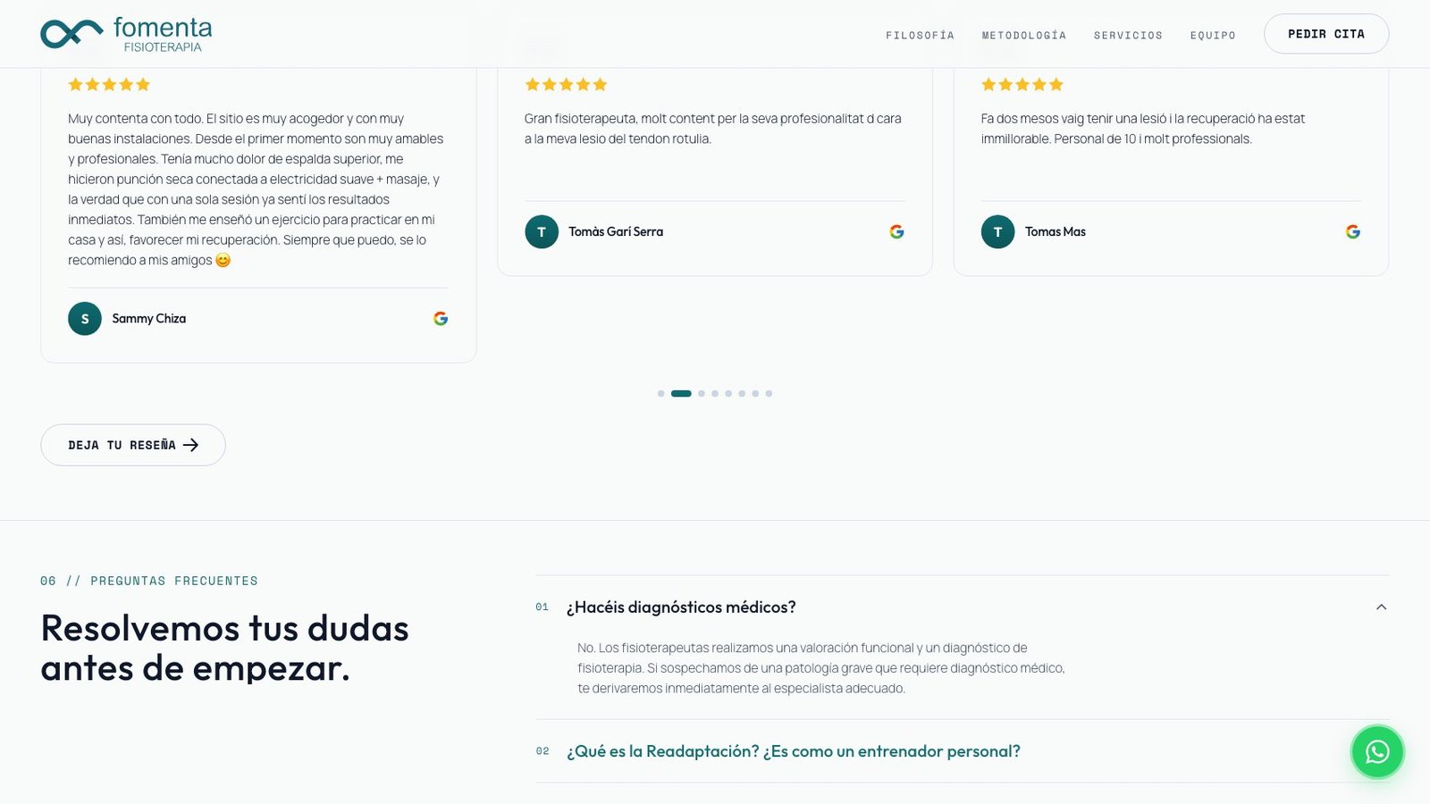 Carrusel de reseñas reales de Google con valoraciones de pacientes y bloque de FAQ