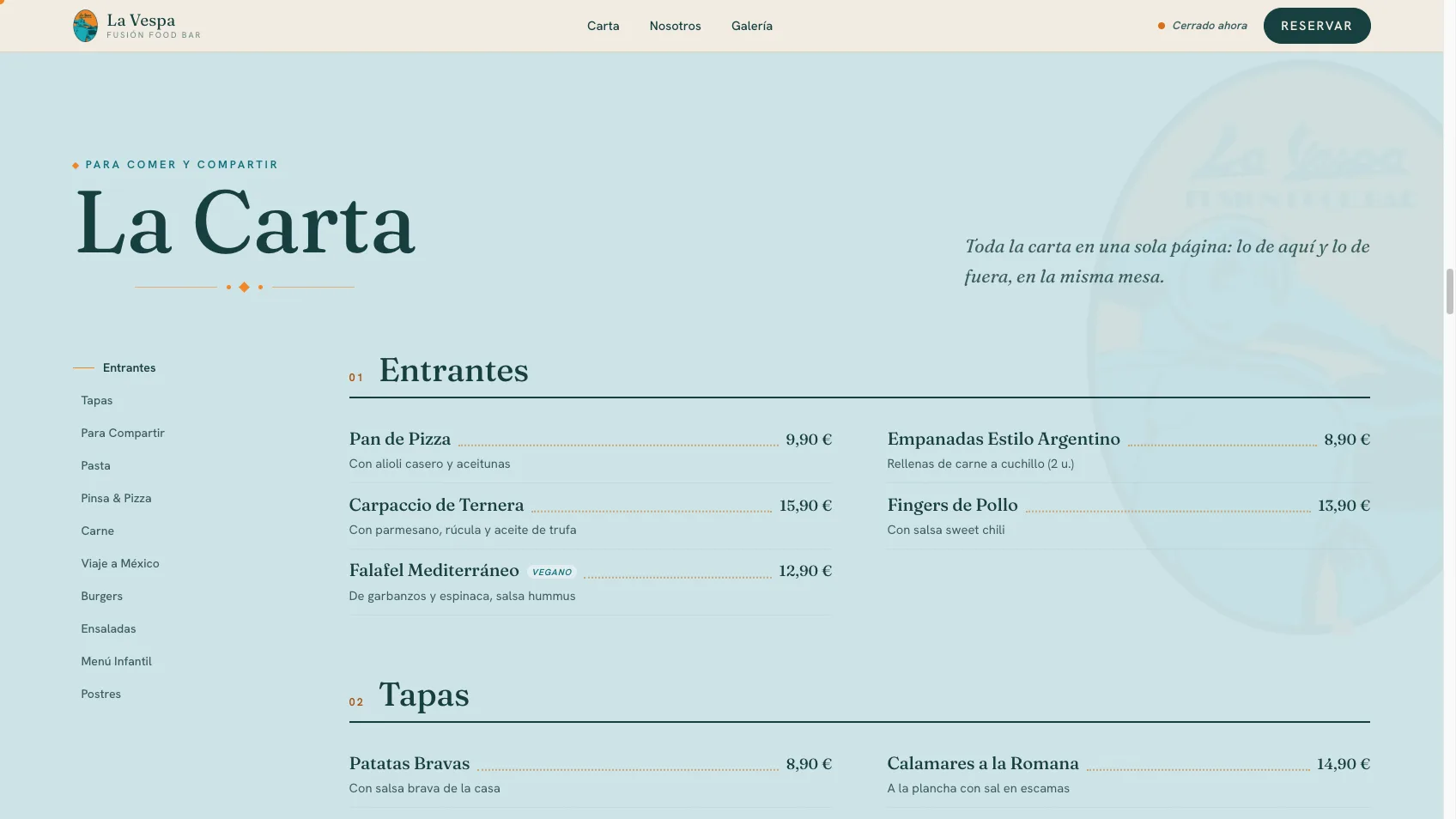 Digital menu of La Vespa with eleven categories and visible prices