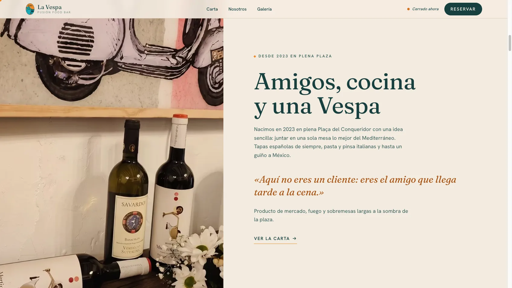 About section of La Vespa with the story of the food bar