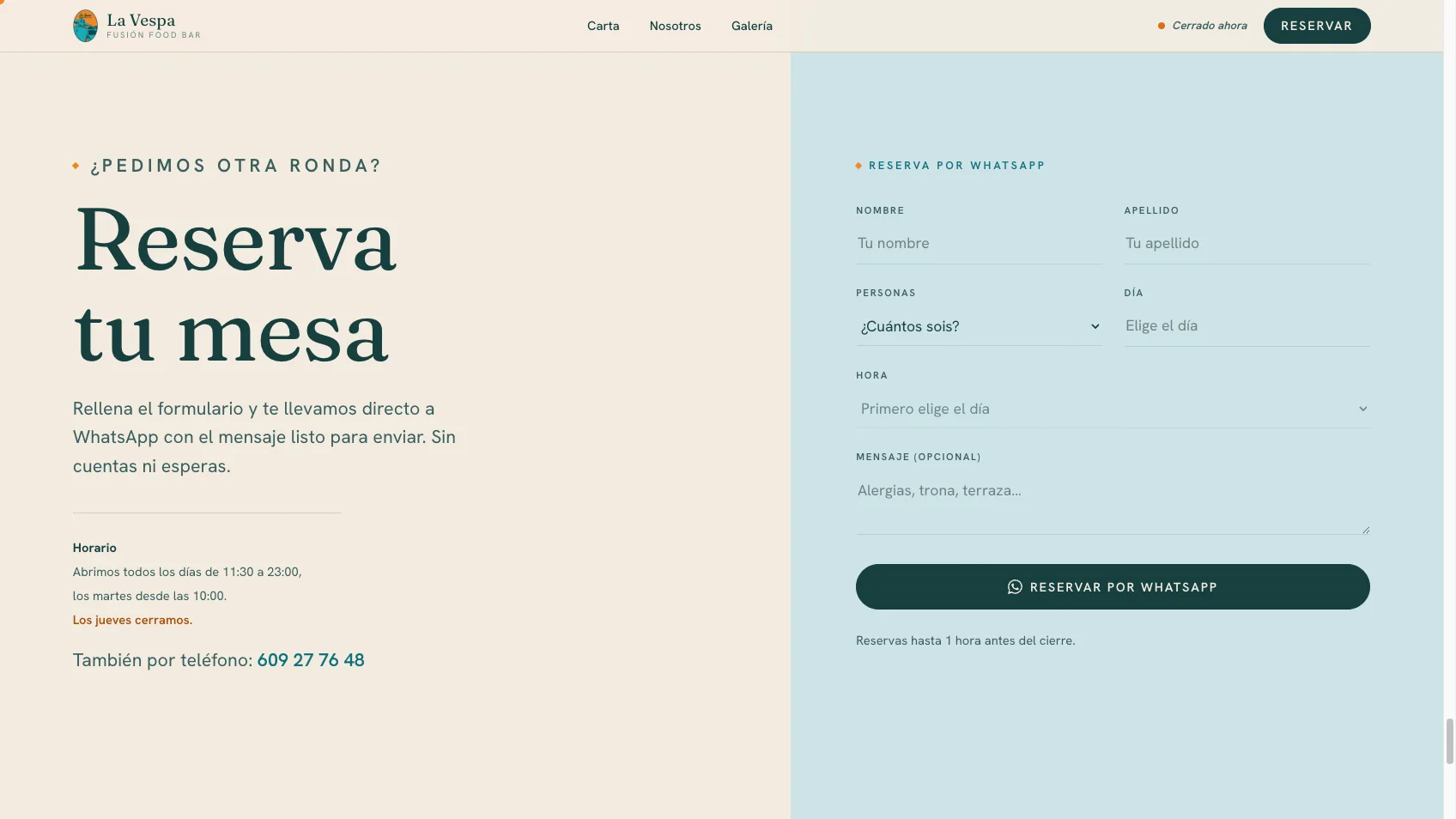 Booking section of La Vespa with date picker and WhatsApp button
