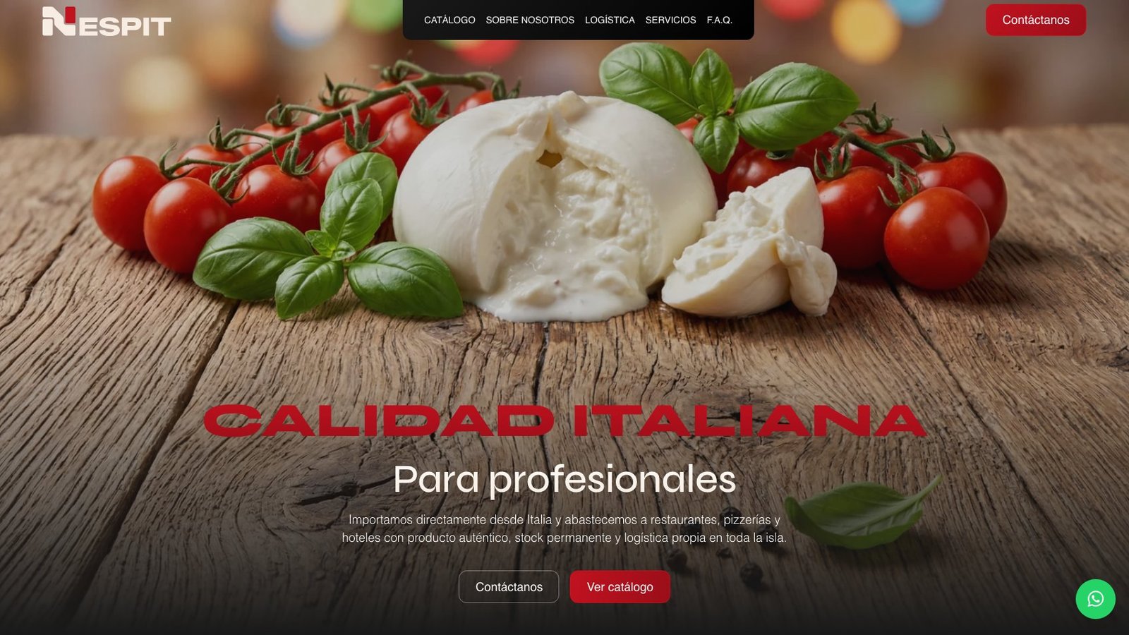 Home de Nespit Italia con titular 'Calidad italiana para profesionales' sobre foto de burrata fresca