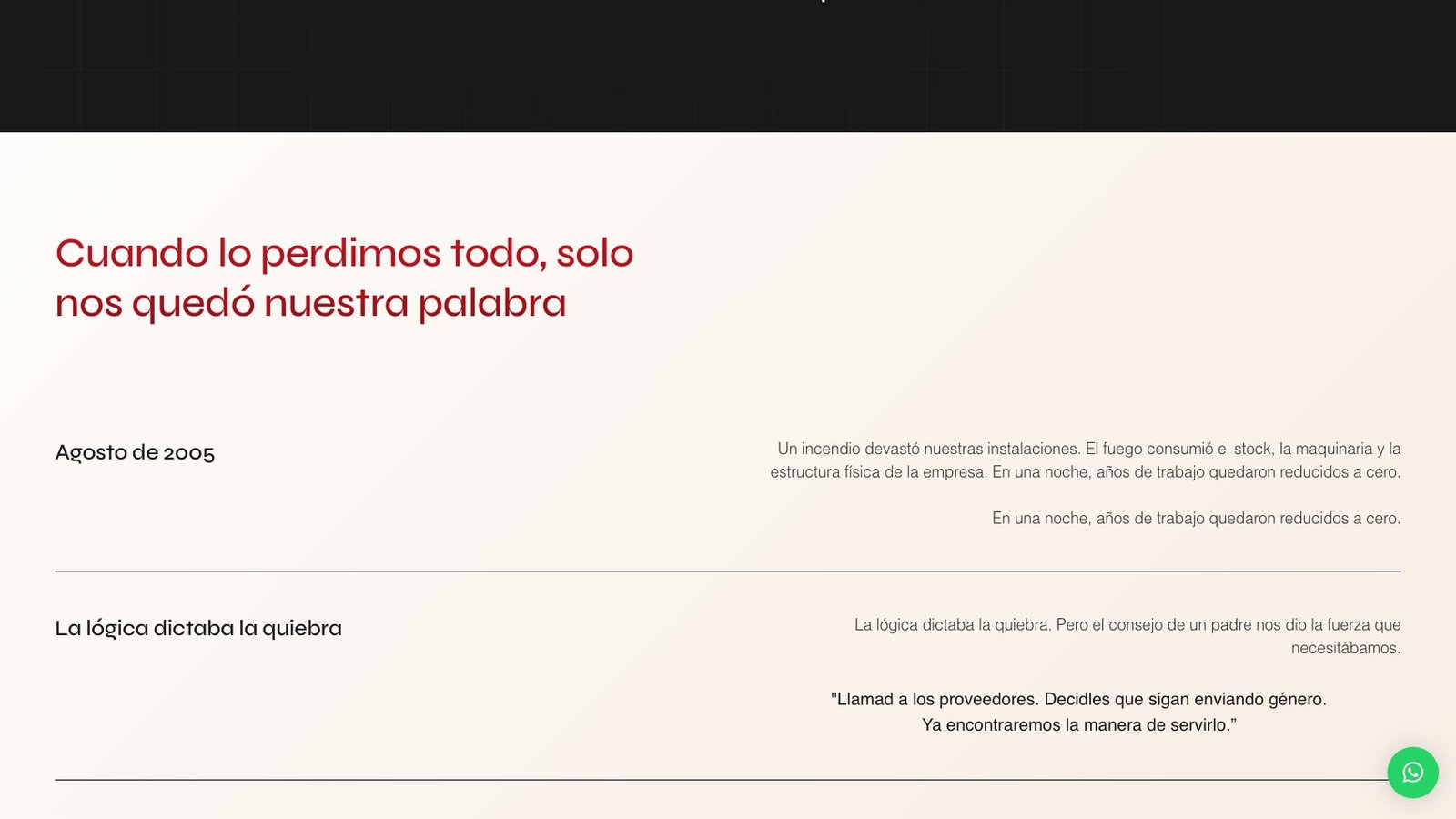 Página Sobre nosotros con la historia del incendio del 2005 y el lema 'Cuando lo perdimos todo, solo nos quedó nuestra palabra'