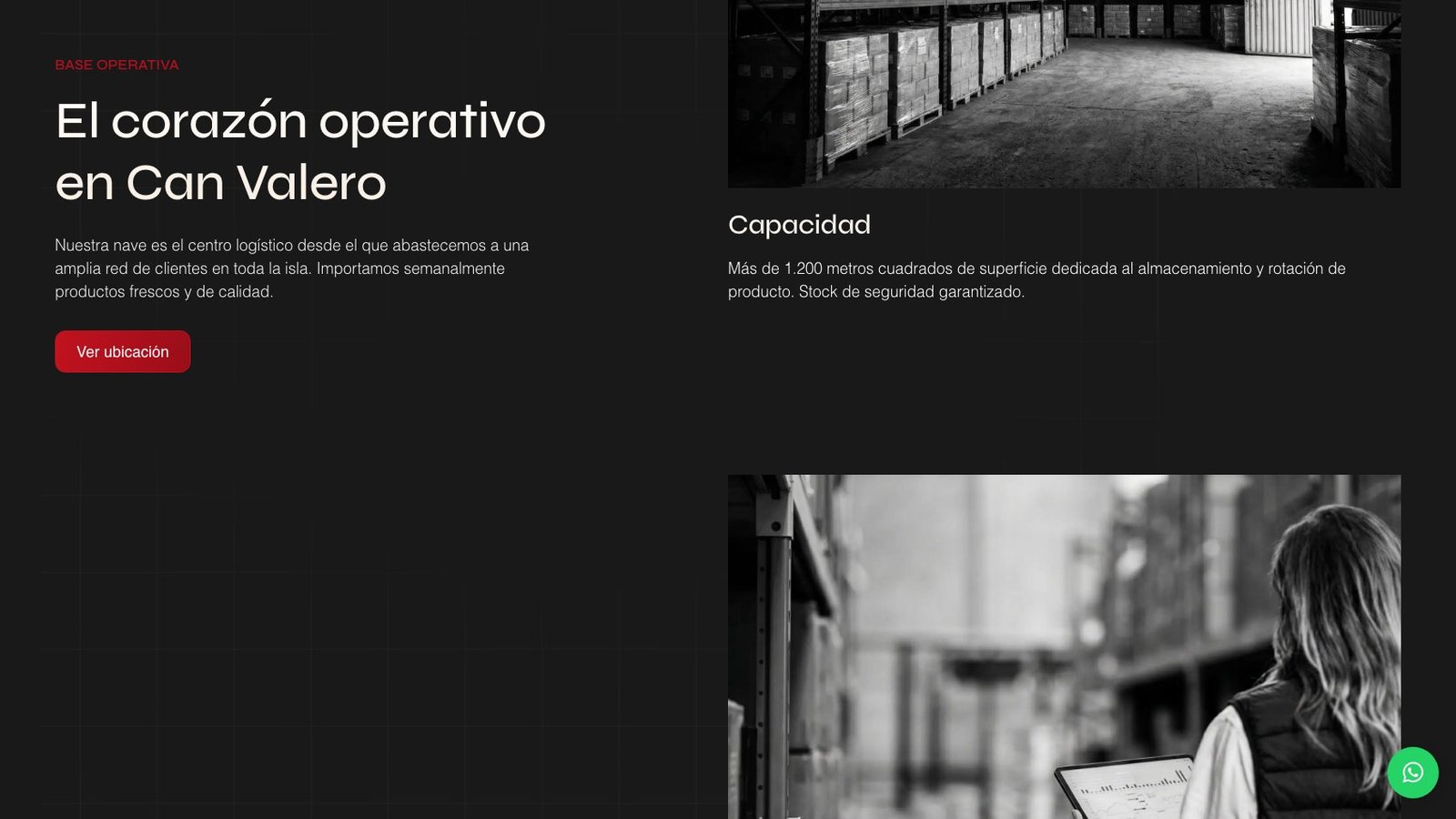Página de Logística con foto de la nave de Can Valero y bloque de capacidad de 1.200 metros cuadrados