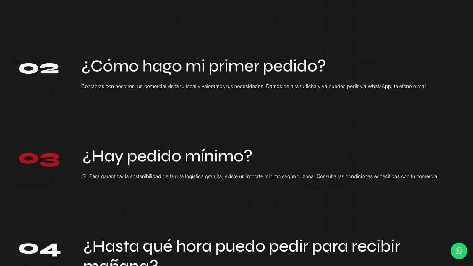 Página de F.A.Q. con preguntas reales del canal HORECA: pedidos, condiciones de pago y horarios de entrega