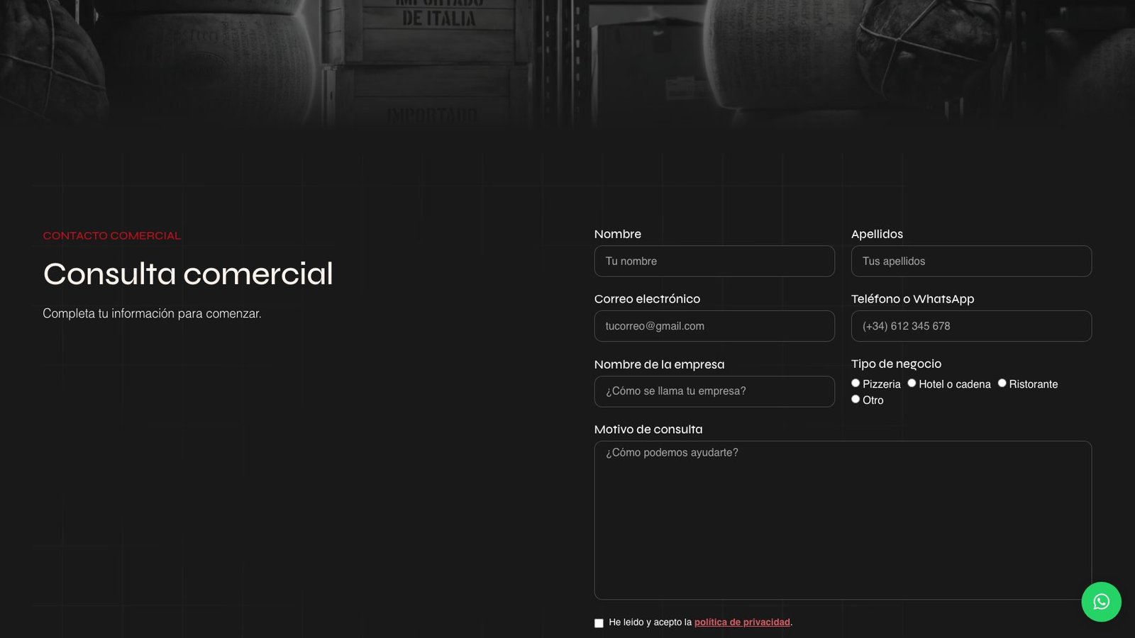 Página de Contacto con formulario de consulta comercial dirigido al canal profesional (pizzeria, hotel, restaurante)