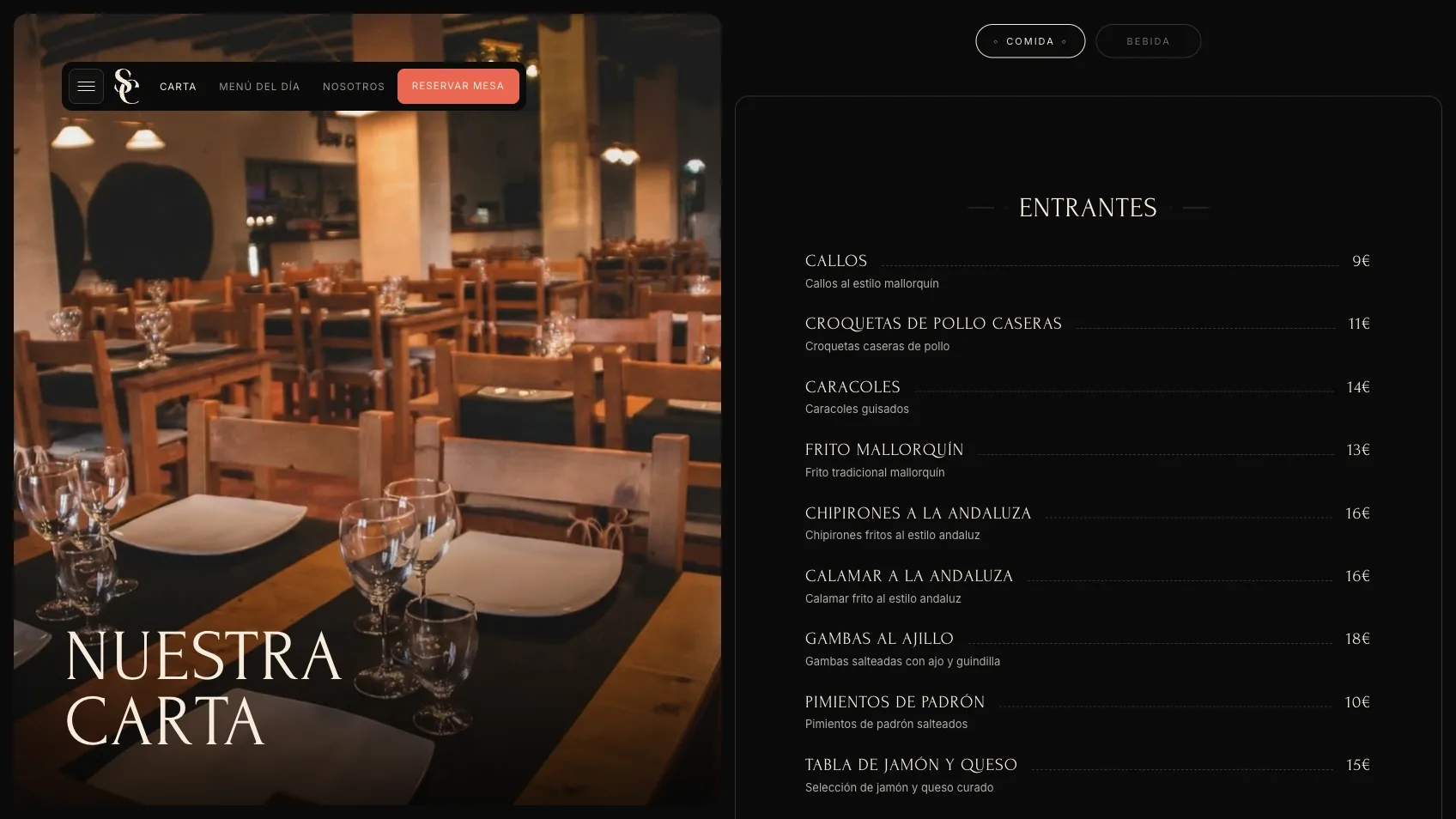 Pantalla de Carta del Restaurant Son Colom amb categoria Entrants i preus visibles