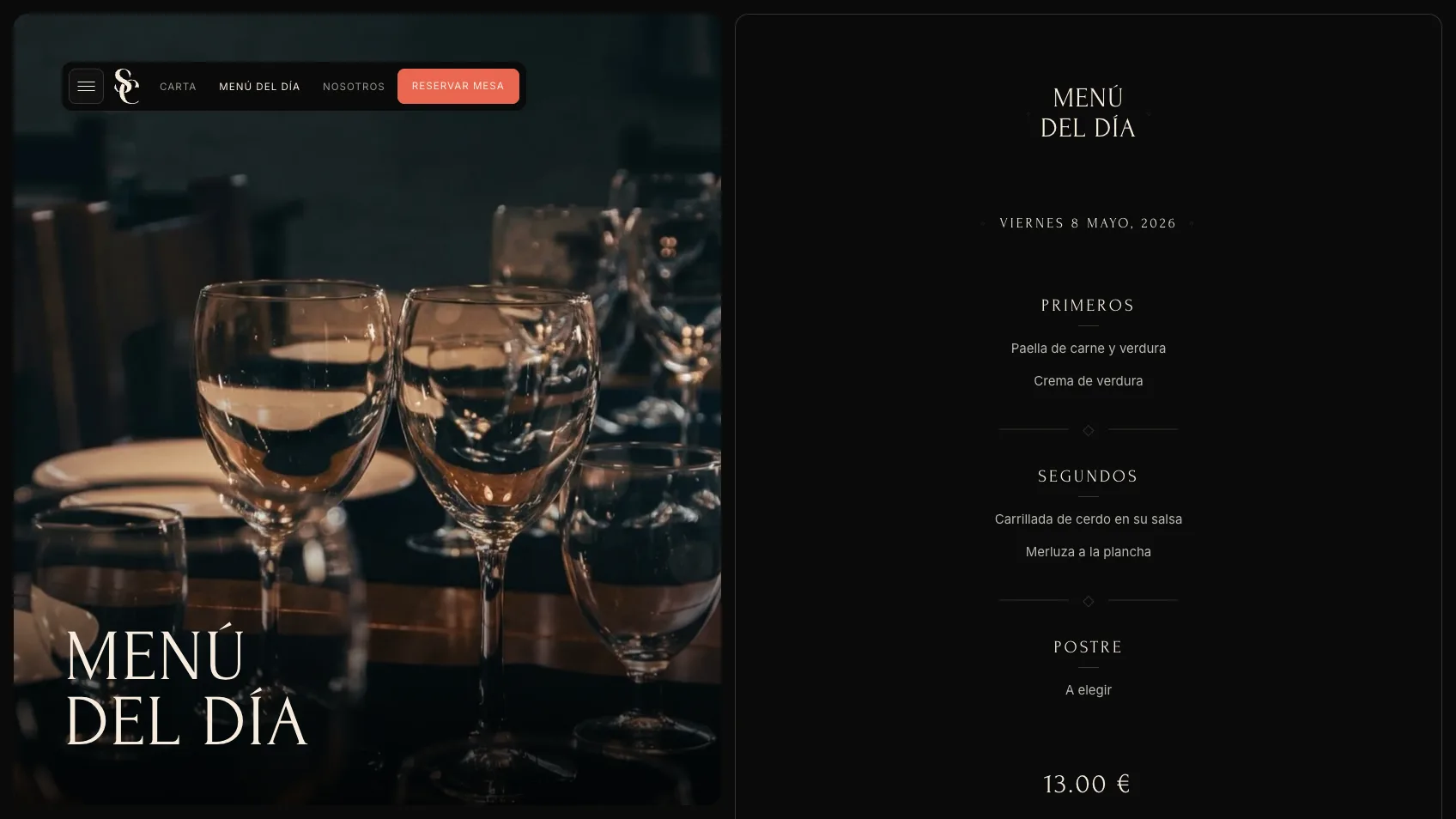 Pantalla de Menú del Dia del Restaurant Son Colom amb tipografia editorial sobre fons fosc