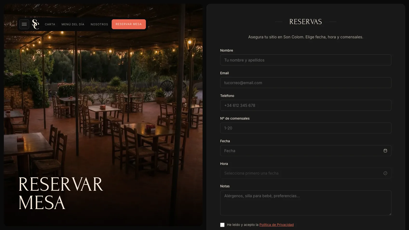 Pantalla de Reserves del Restaurant Son Colom amb taules preparades i opció de telèfon directe