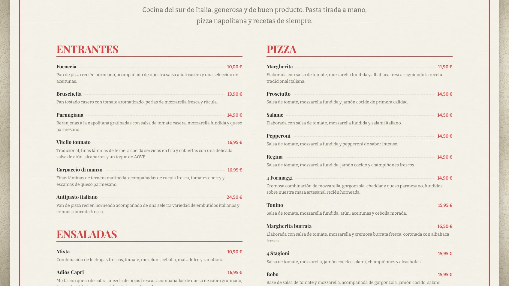 Carta digital de Sorrentino's amb categories ancorades i preus visibles