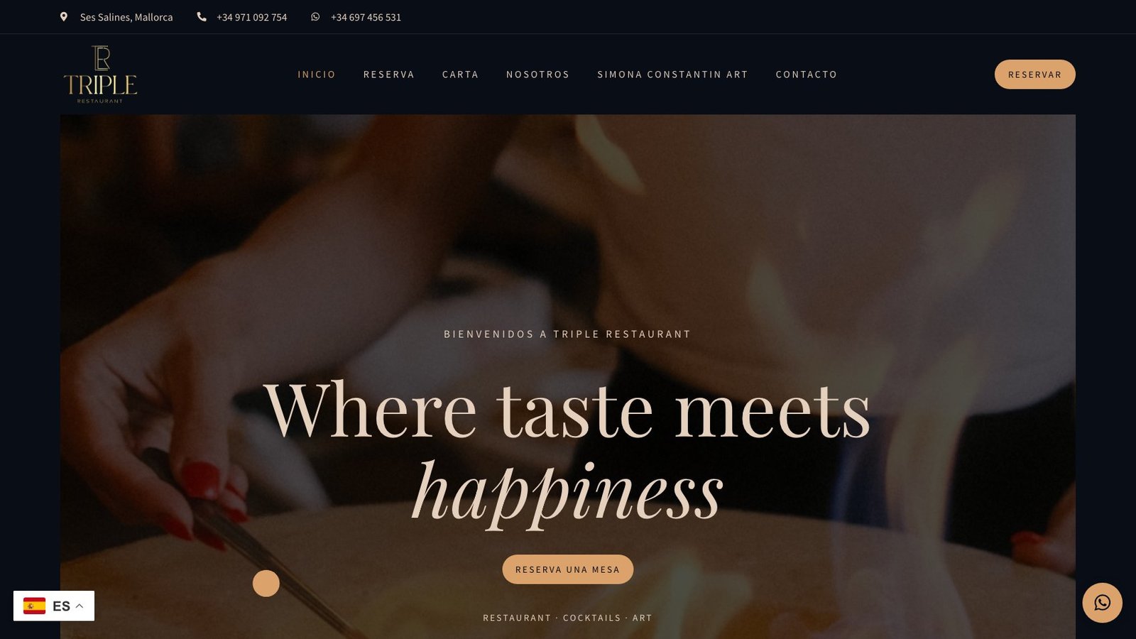 Home de Triple Restaurant con titular 'Where taste meets happiness' sobre foto editorial del salón