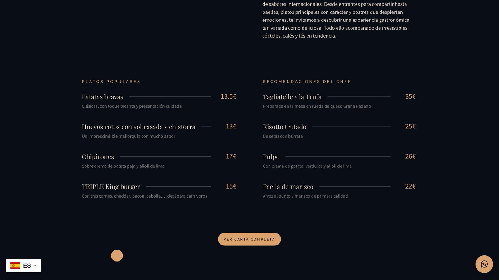Carta digital con platos populares y recomendaciones del chef con precios visibles
