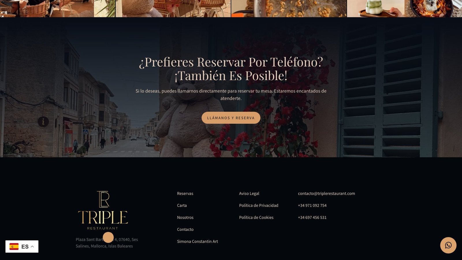 Cierre con CTA 'Llámanos y reserva' y datos de contacto del restaurante en Ses Salines