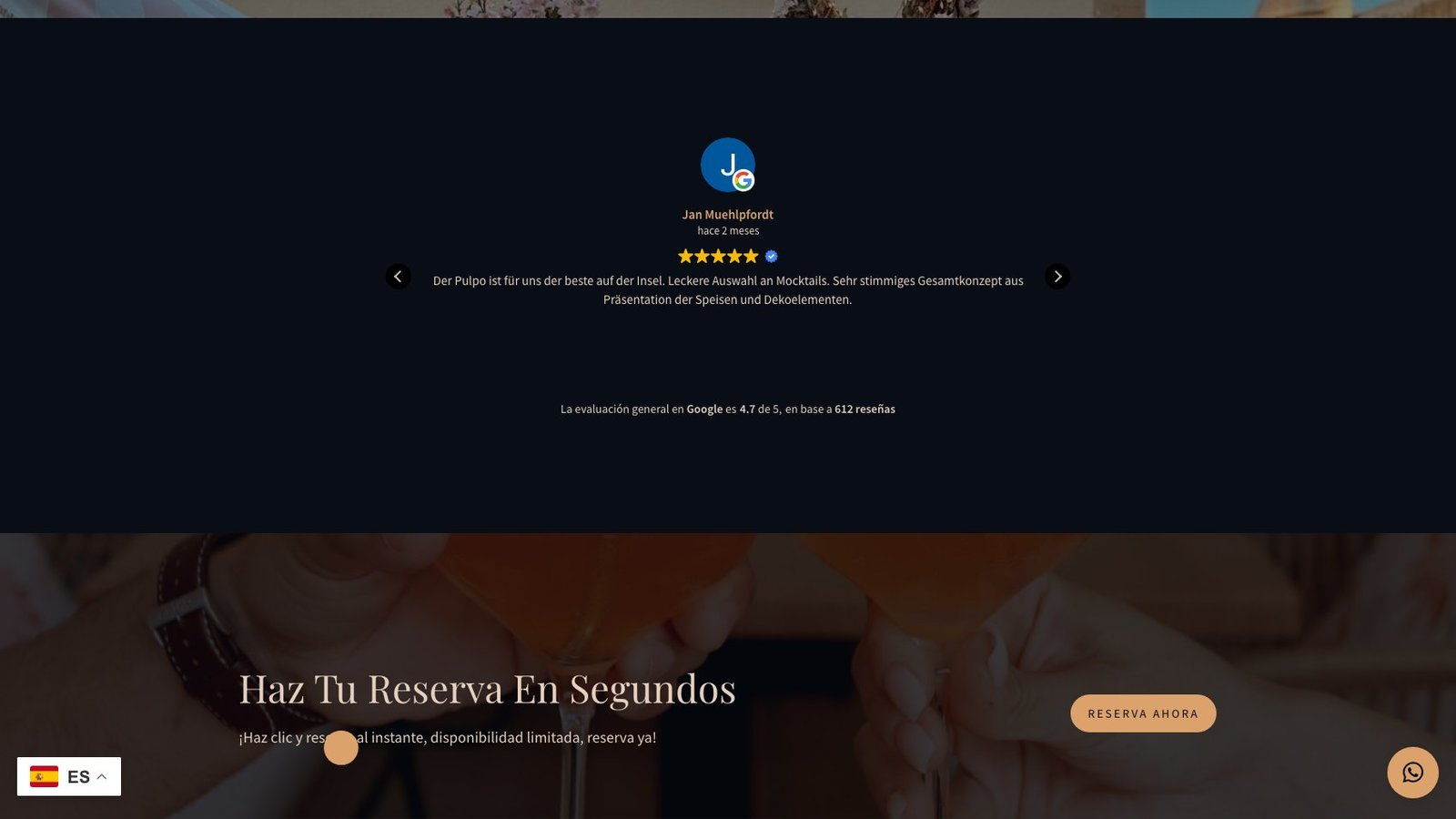 Carrusel de reseñas reales de Google con valoración 4,7 sobre 612 reseñas en español, coreano y otros idiomas