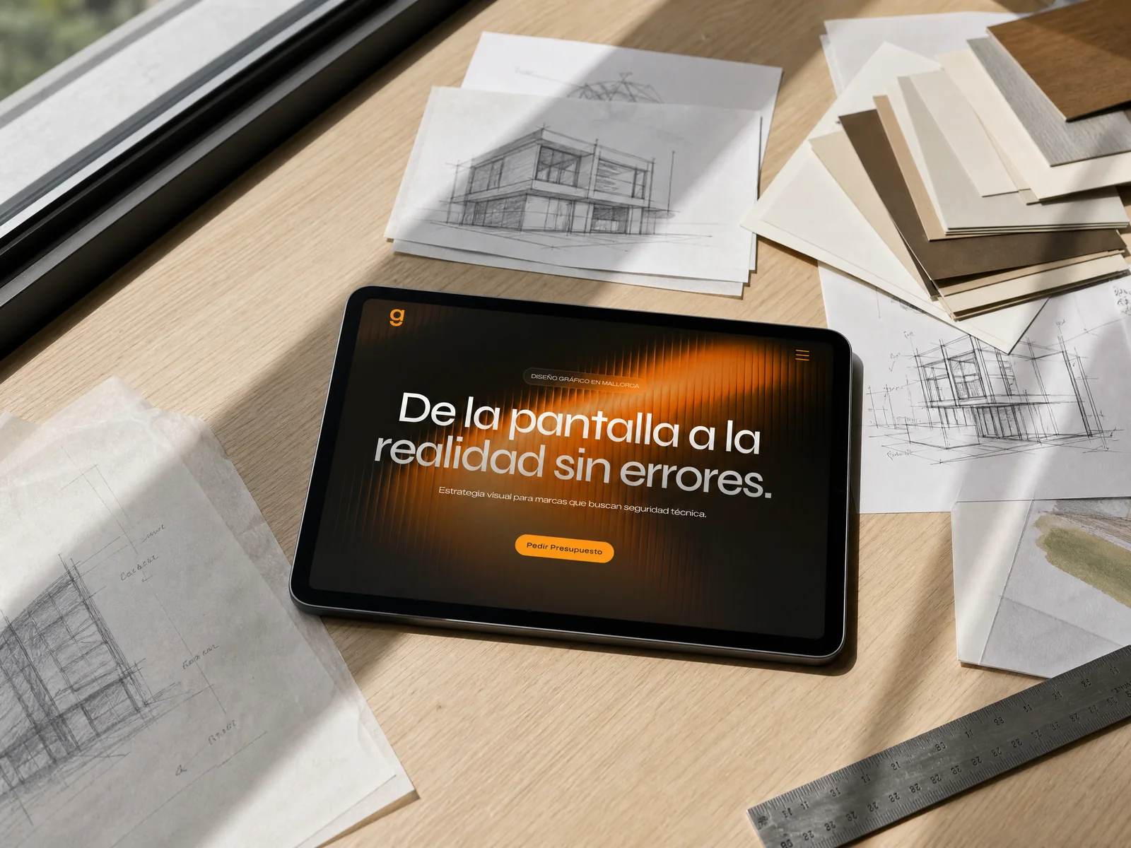 La web de Estudi Guillem Marc en una tablet sobre la mesa de un estudio de arquitectura, entre bocetos a lápiz y muestras de papel
