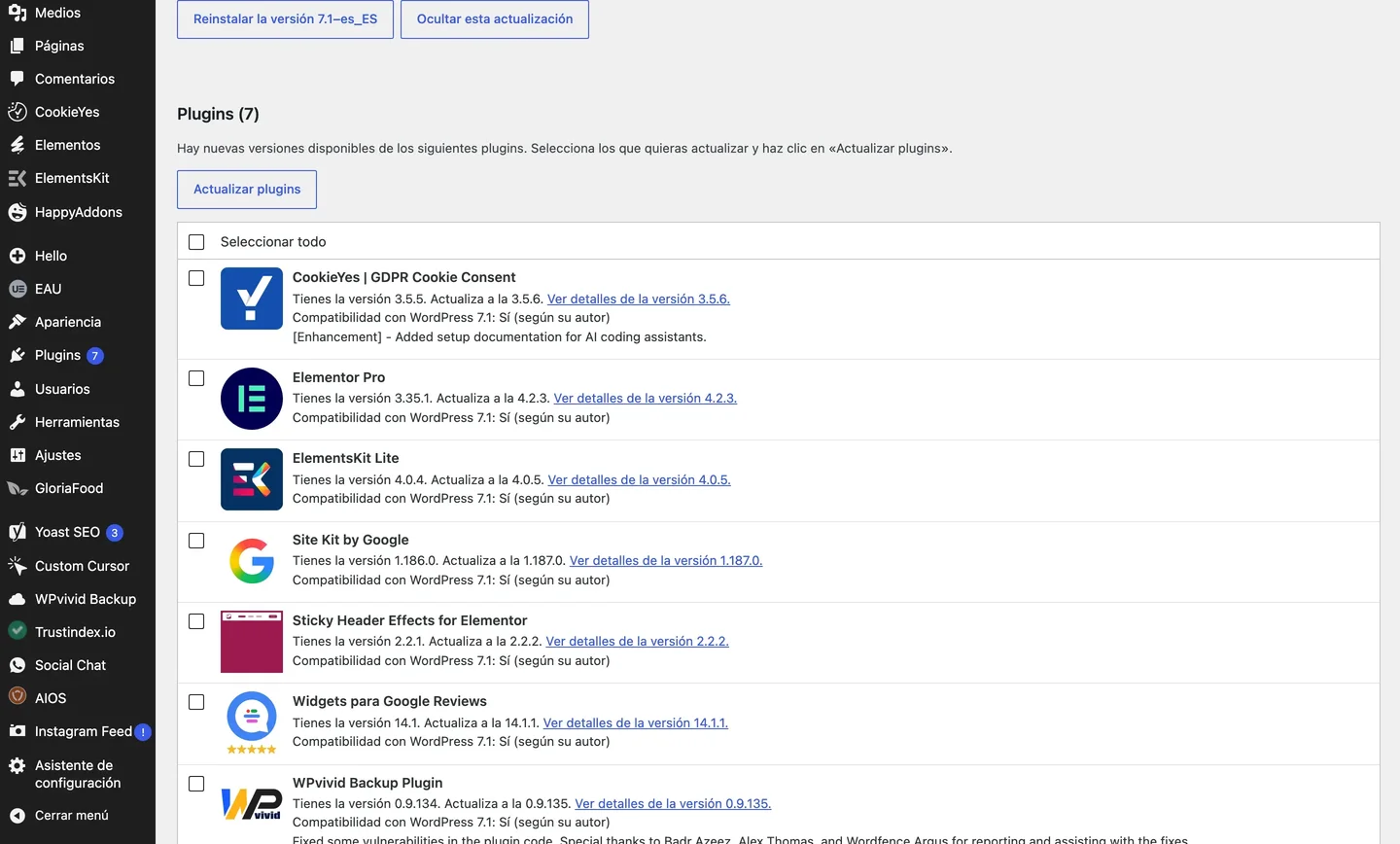 La pantalla de actualizaciones de un WordPress de cliente, con los siete plugins que esperan a actualizarse