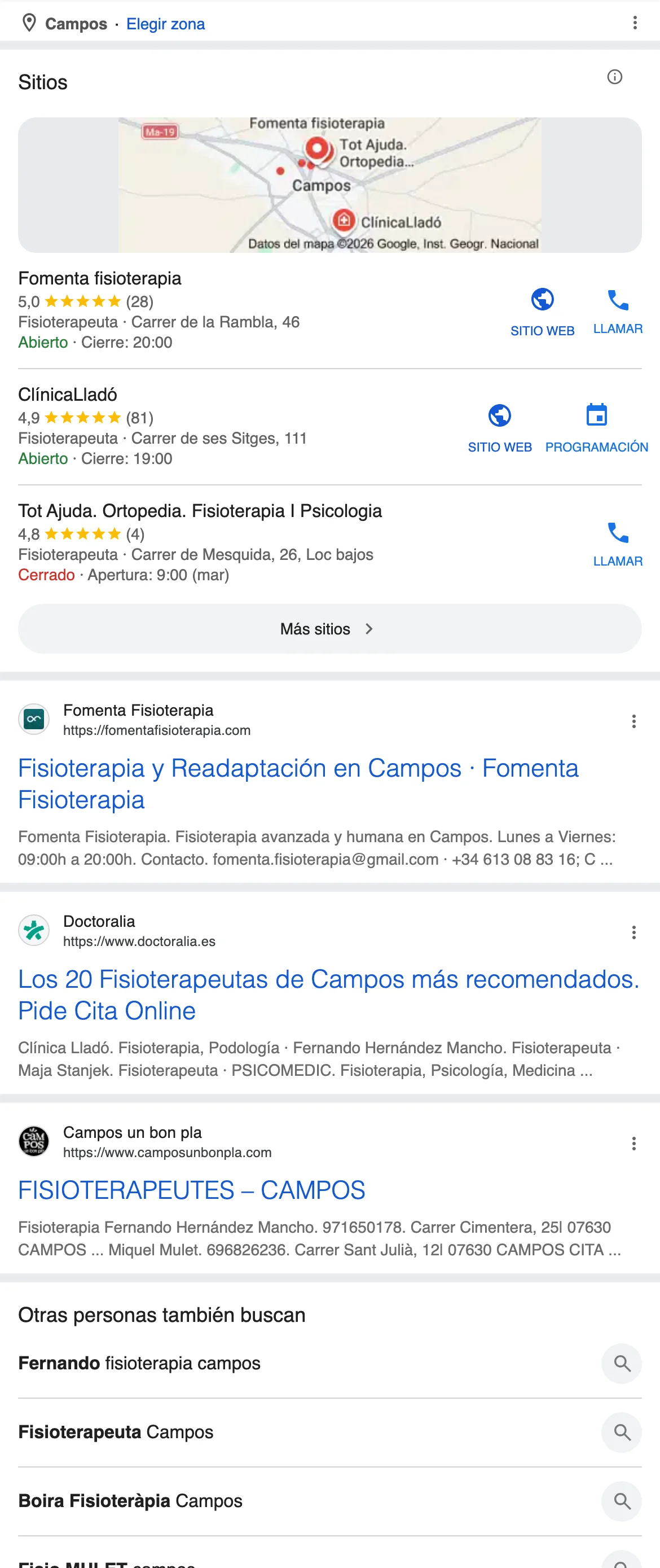 Google en el móvil con la búsqueda «fisioterapia campos mallorca»: Fomenta Fisioterapia la primera del bloque de sitios y también el primer resultado de siempre, por encima de Doctoralia