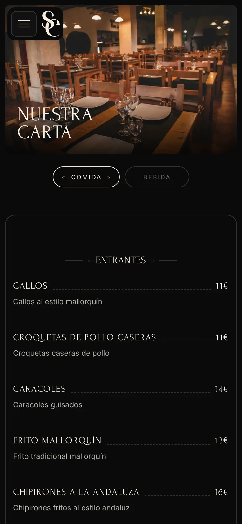 La carta de Son Colom en el móvil, escrita en la página y con los precios a la vista