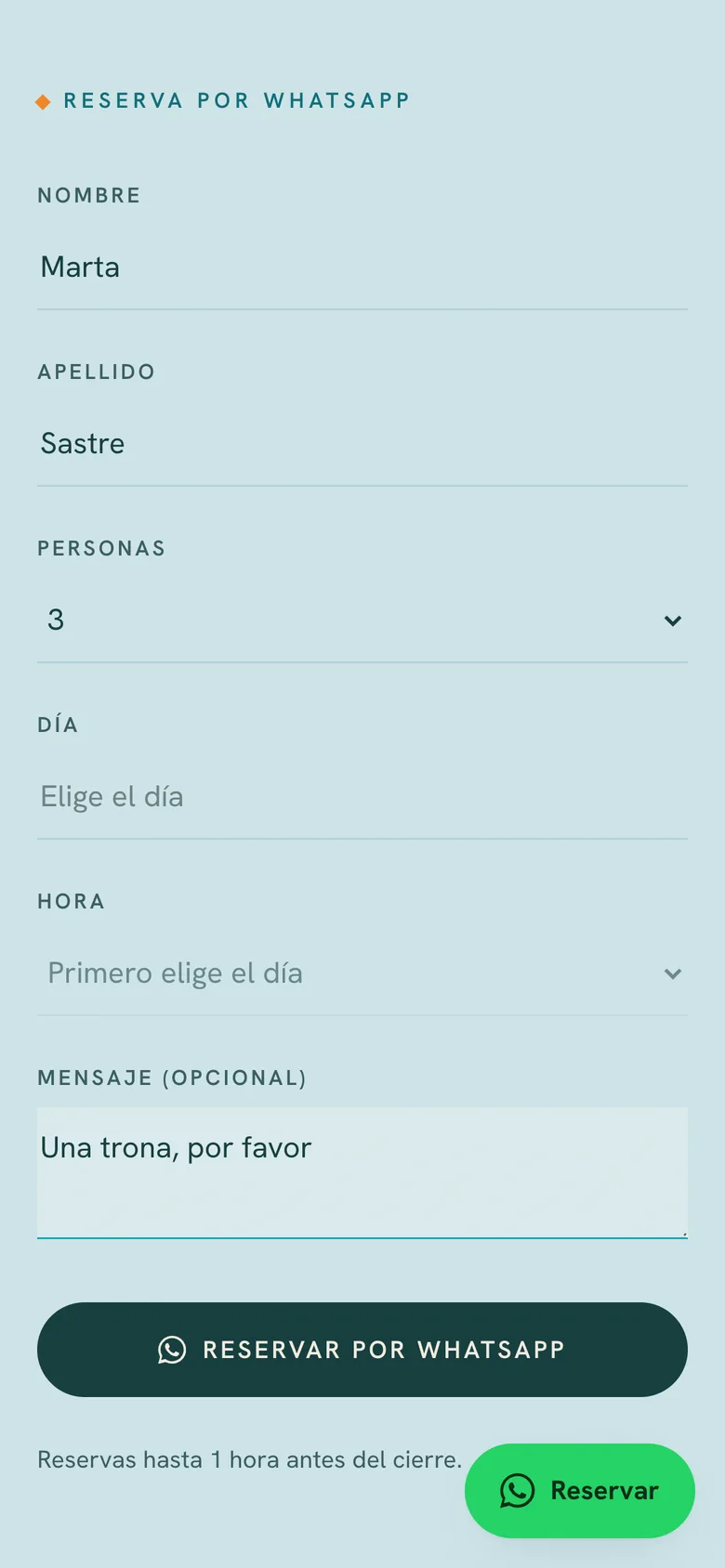 El formulario de reserva de La Vespa en el móvil, con el nombre y las personas ya puestos
