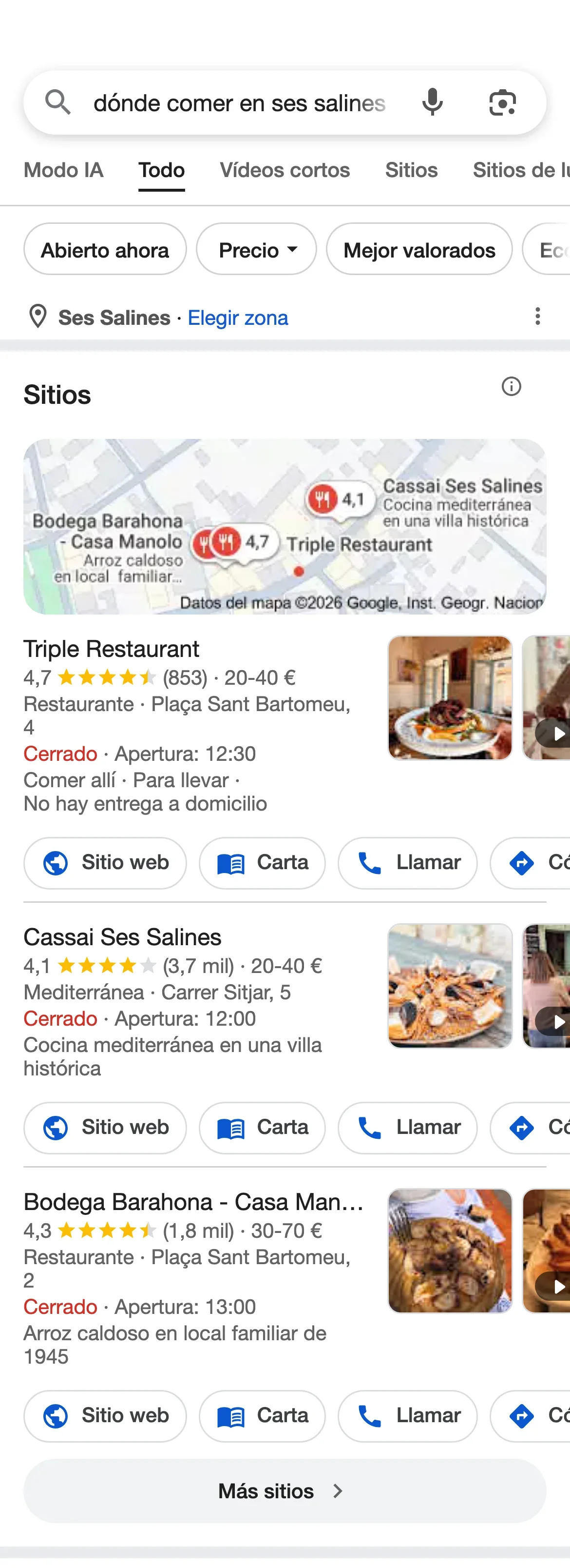 Google en el móvil con la búsqueda «dónde comer en ses salines»: el primero del bloque de sitios es Triple