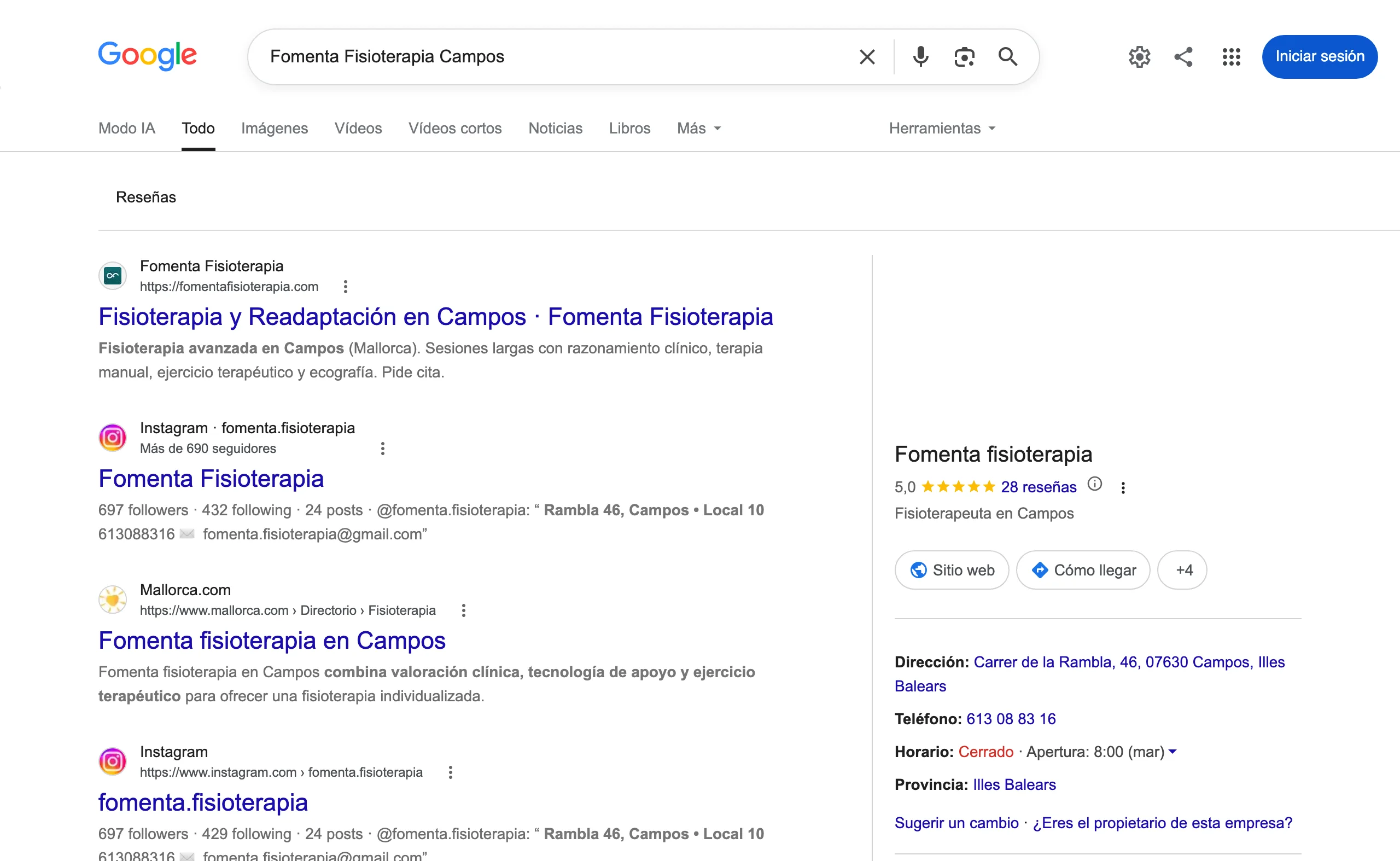 La búsqueda «Fomenta Fisioterapia Campos» en Google en un ordenador: su web, dos veces Instagram y un directorio, y a la derecha su ficha con la dirección, el teléfono y el horario