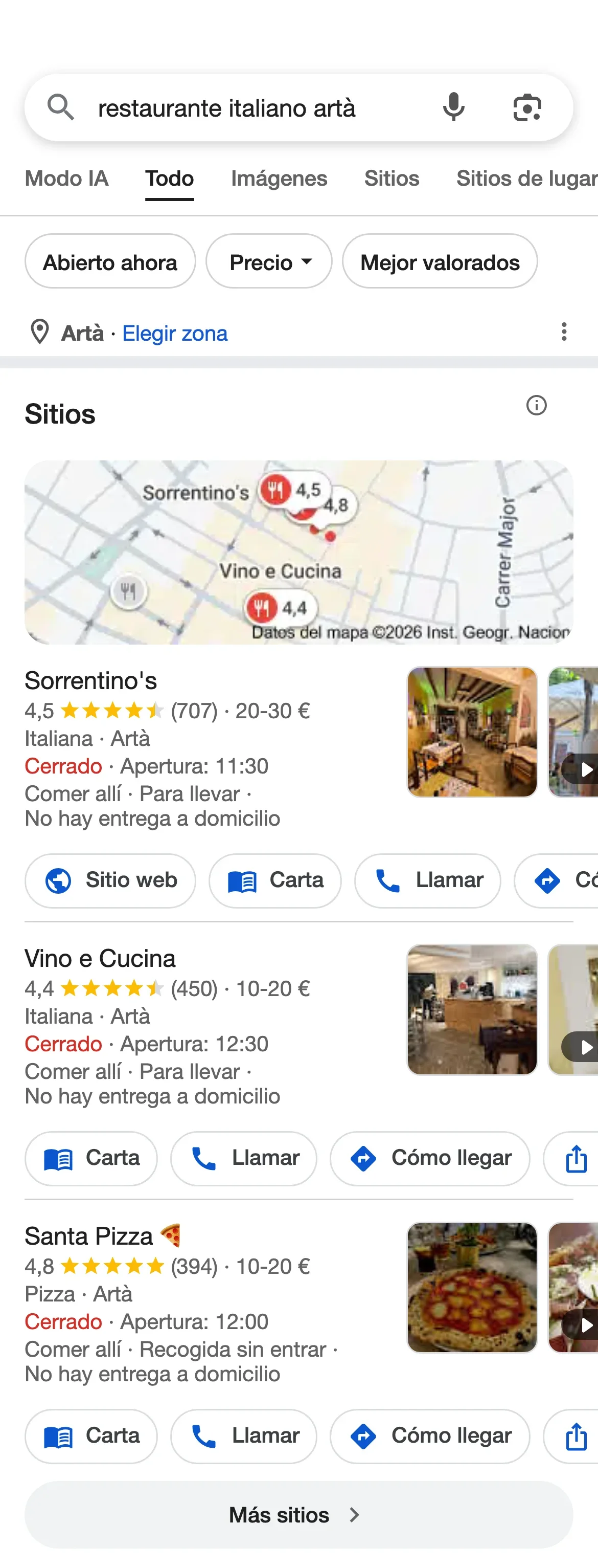 Google en el móvil con la búsqueda «restaurante italiano artà»: el bloque de mapas entero, con el mapa, los tres sitios y Sorrentino's el primero
