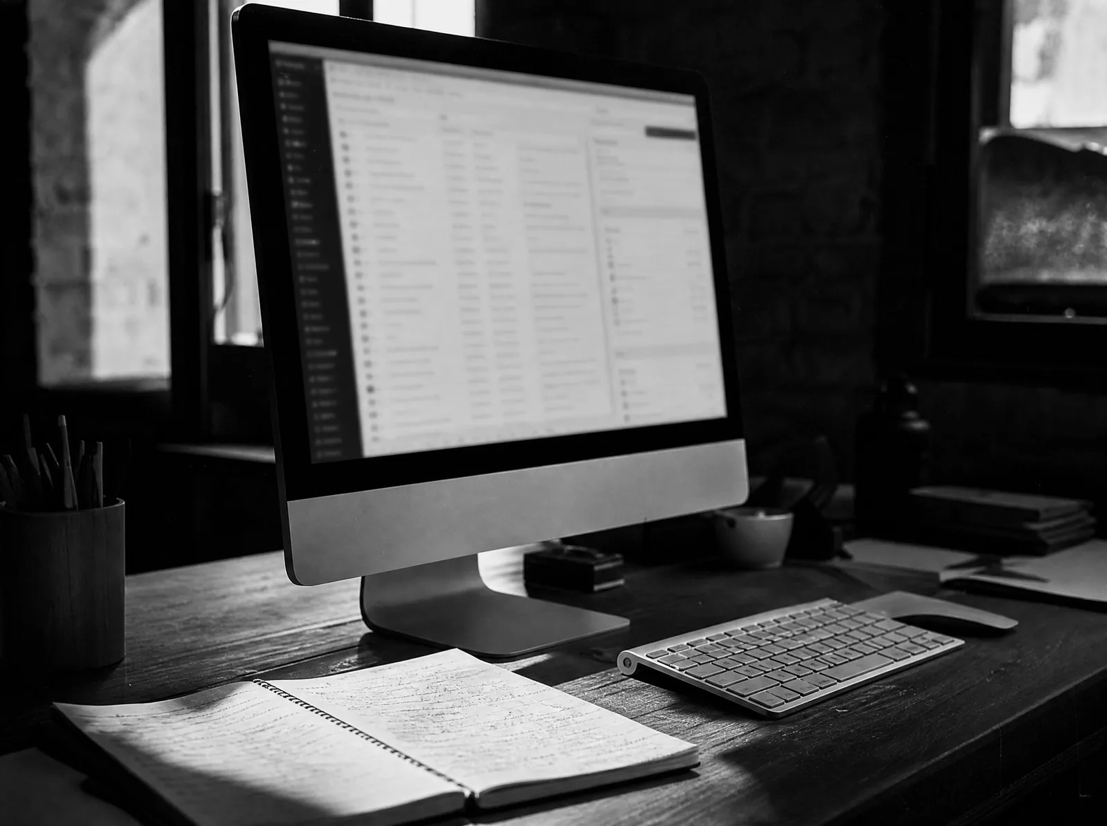 Un panel de administración de una web abierto en un monitor de escritorio, en un estudio a media luz