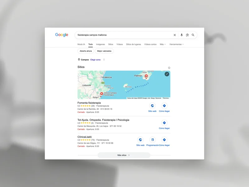Los resultados de Google para «fisioterapia campos mallorca», con Fomenta la primera