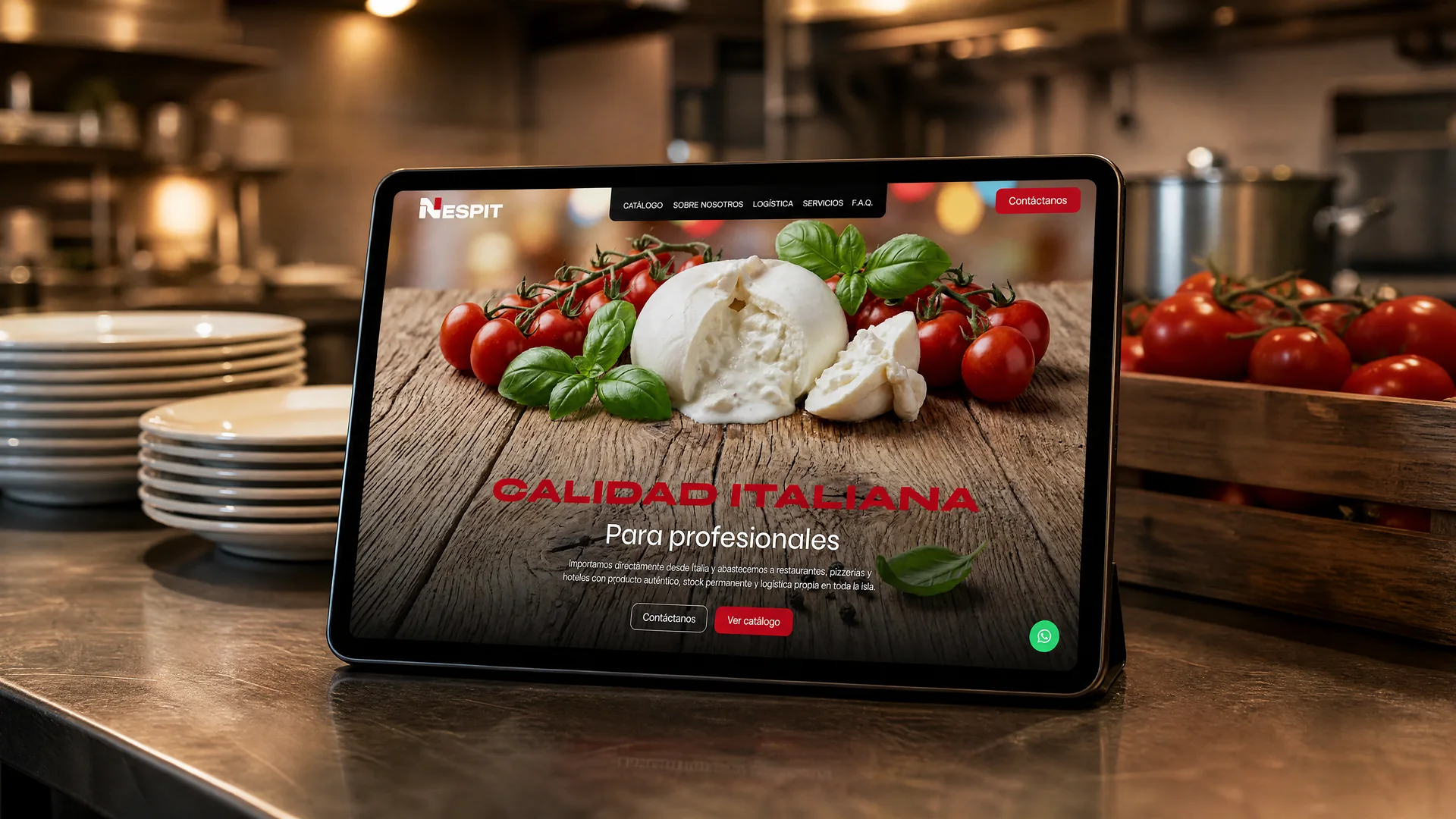 La web de Nespit en una tablet sobre la encimera de acero de una cocina profesional, entre platos y una caja de tomates