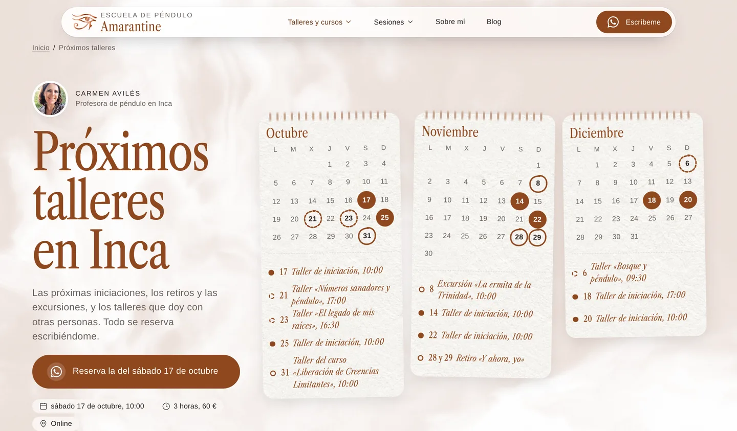 La agenda: tres hojas de calendario, de octubre a diciembre, con cada taller en su día