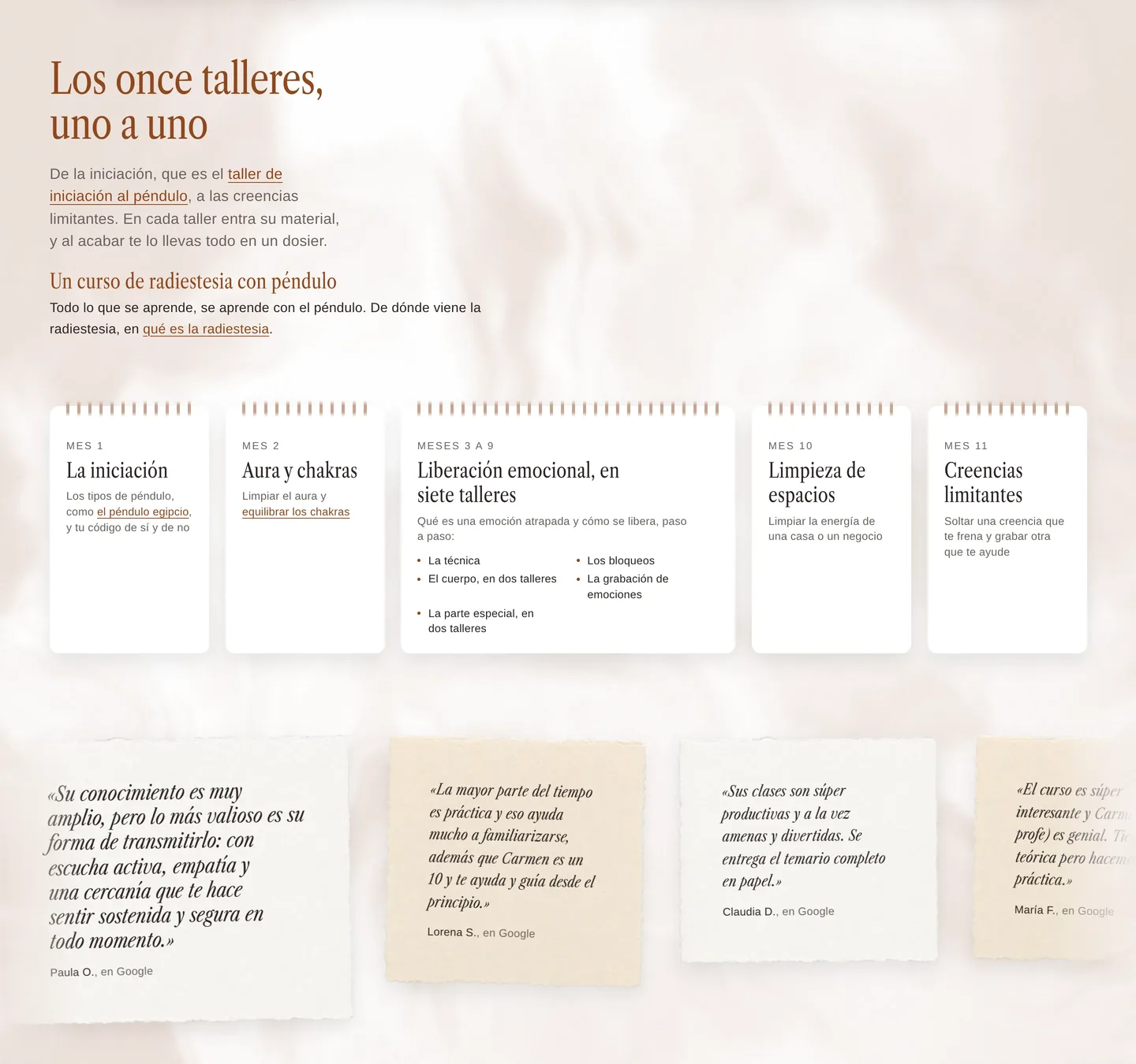 Los once talleres del curso, uno por mes, y debajo reseñas de Google sobre papel