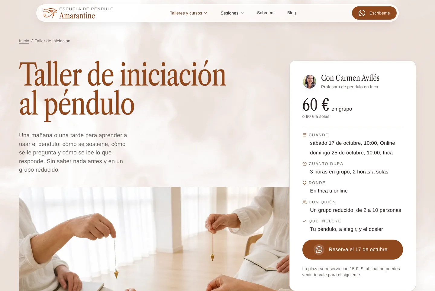 El taller de iniciación: la ficha con el precio, las fechas, lo que dura, dónde es y el botón para reservar