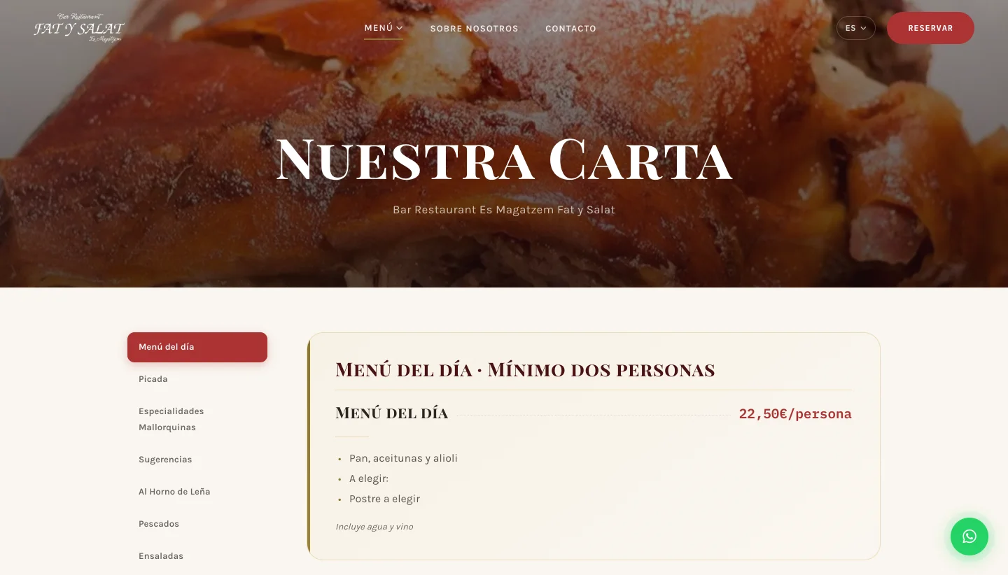 La carta escrita en la web, con el menú del día, su precio y las categorías en una columna