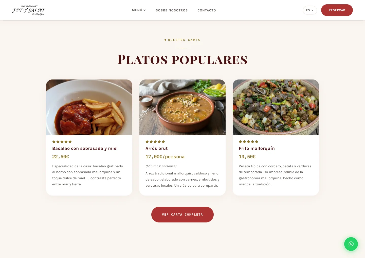 La sección de platos populares, con tres fichas de plato, su precio y su descripción