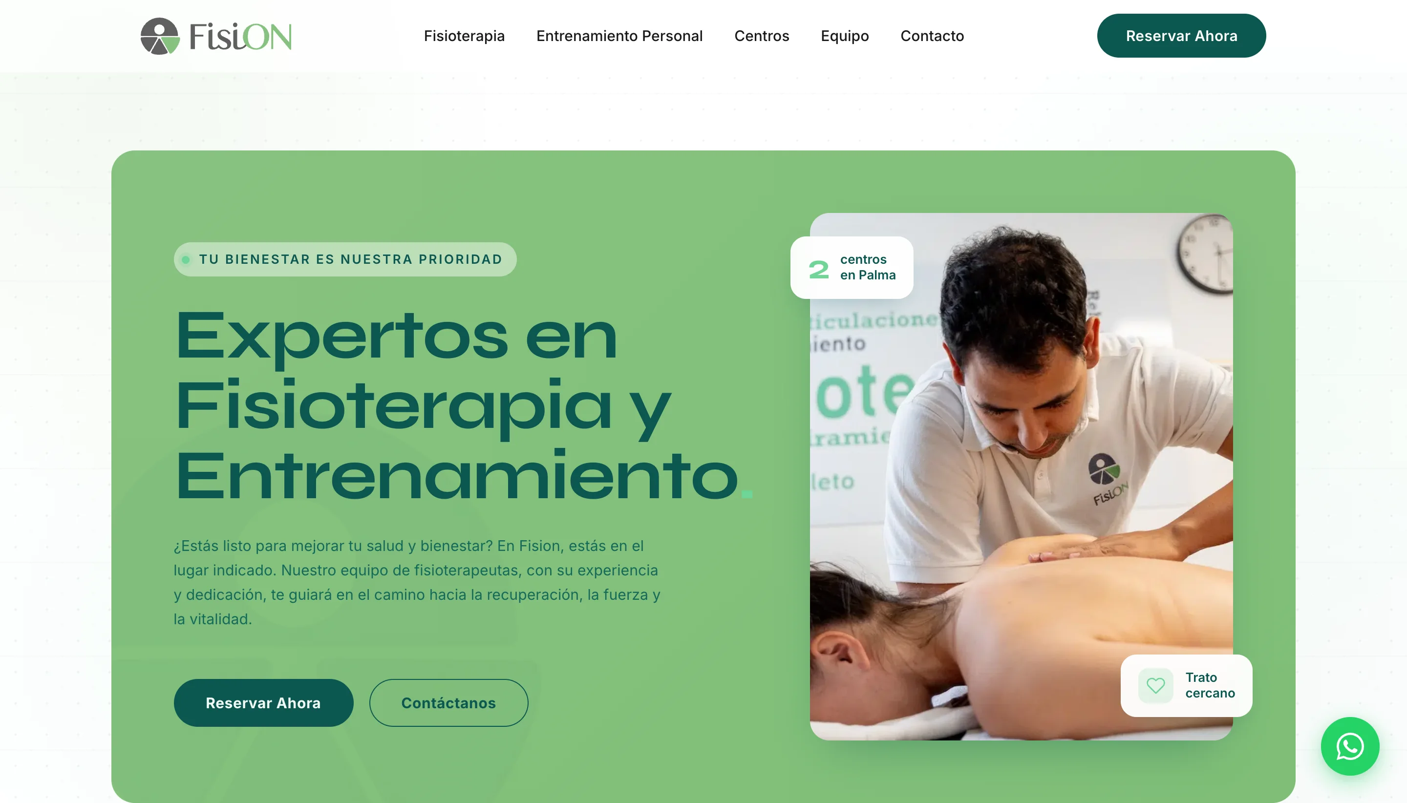 La portada de Fisión: «Expertos en Fisioterapia y Entrenamiento» con los dos botones de reservar y contactar