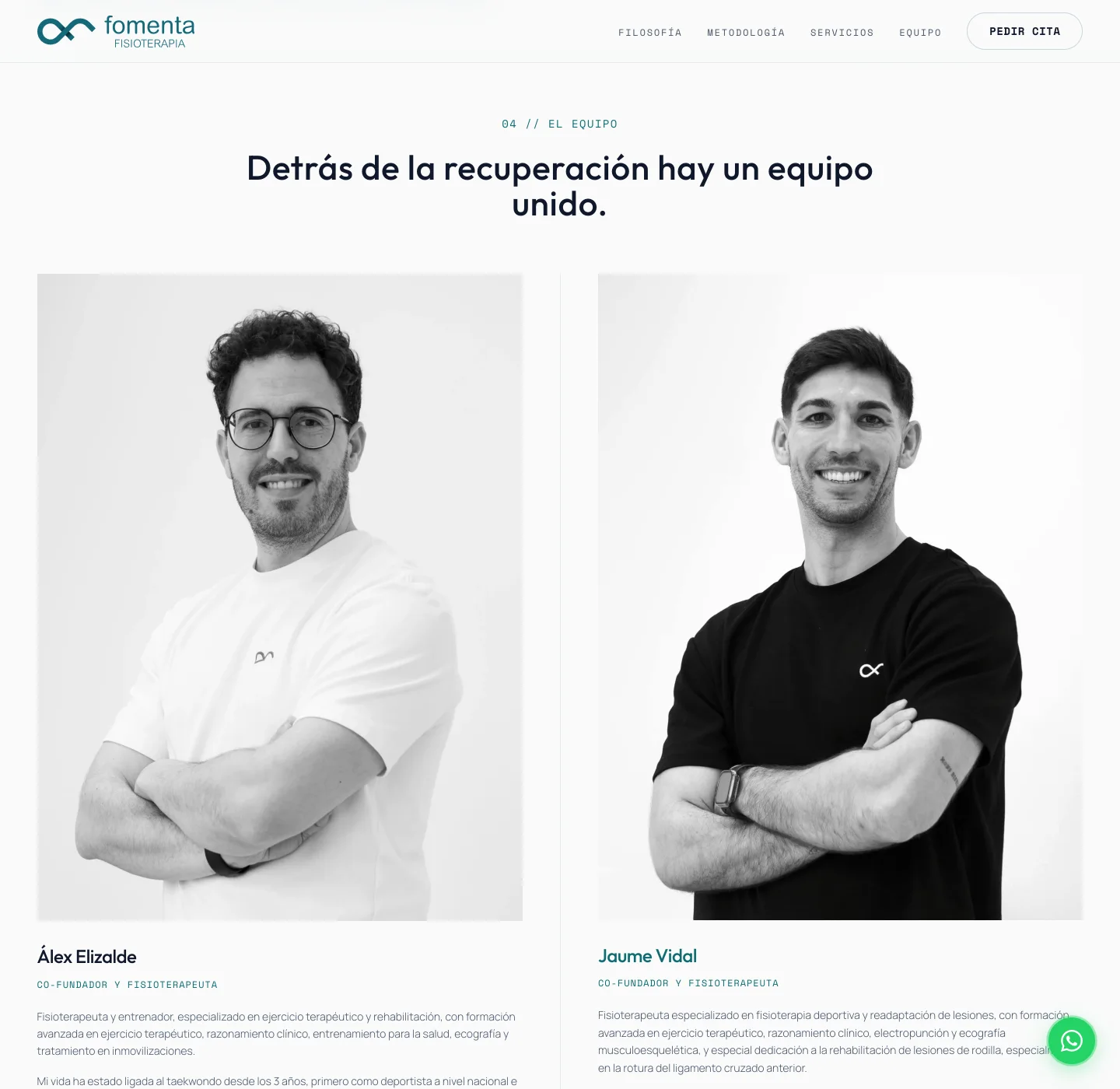 El equipo: los dos fisioterapeutas con su retrato y su formación