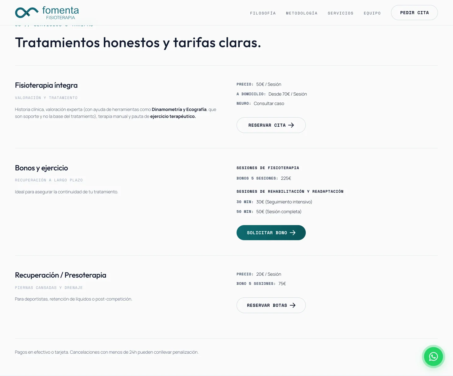 El bloque de tarifas de Fomenta: cada tratamiento con su precio por sesión y por bono