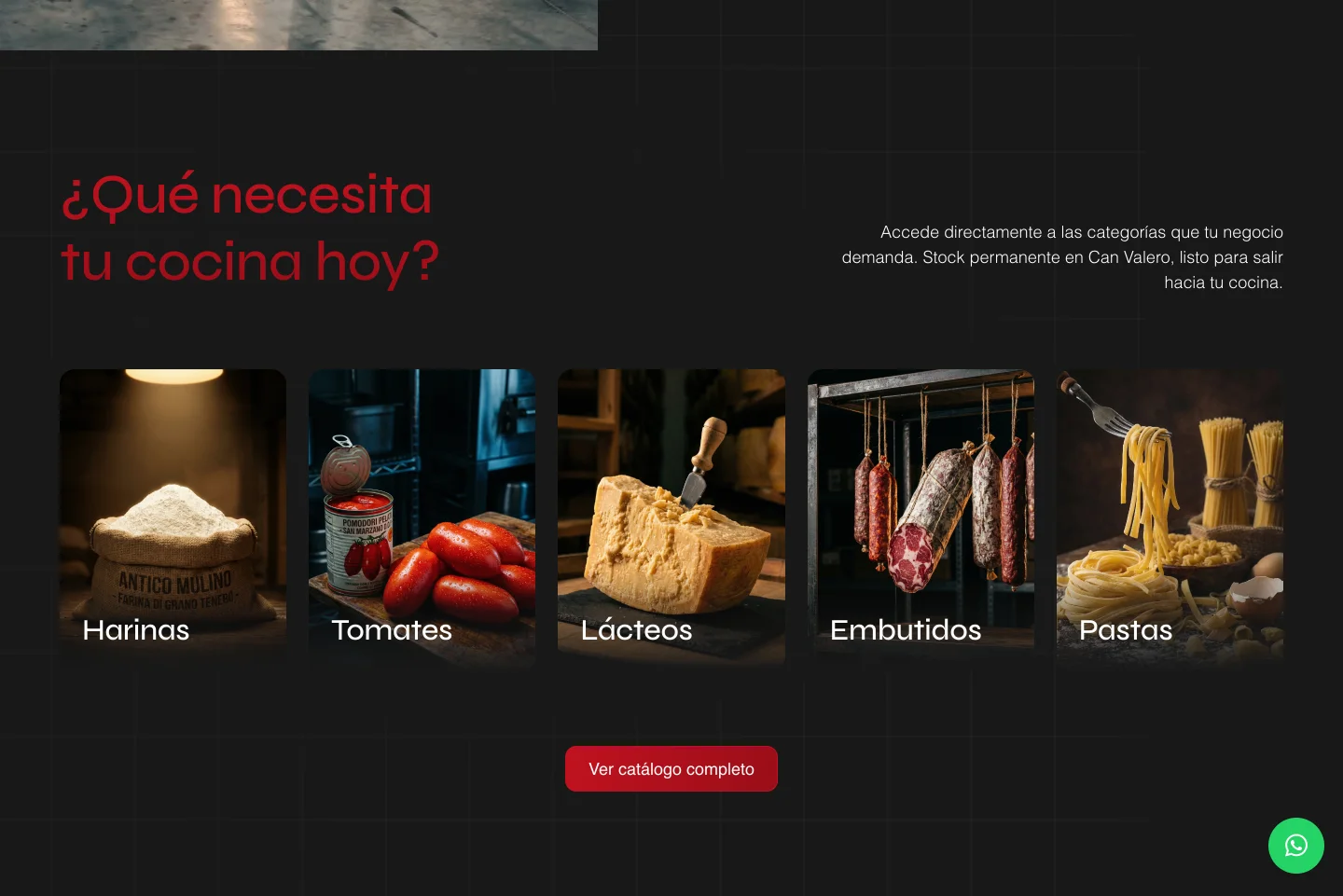 El catálogo por categorías: harinas, tomates, lácteos, embutidos y pastas, cada una con su foto